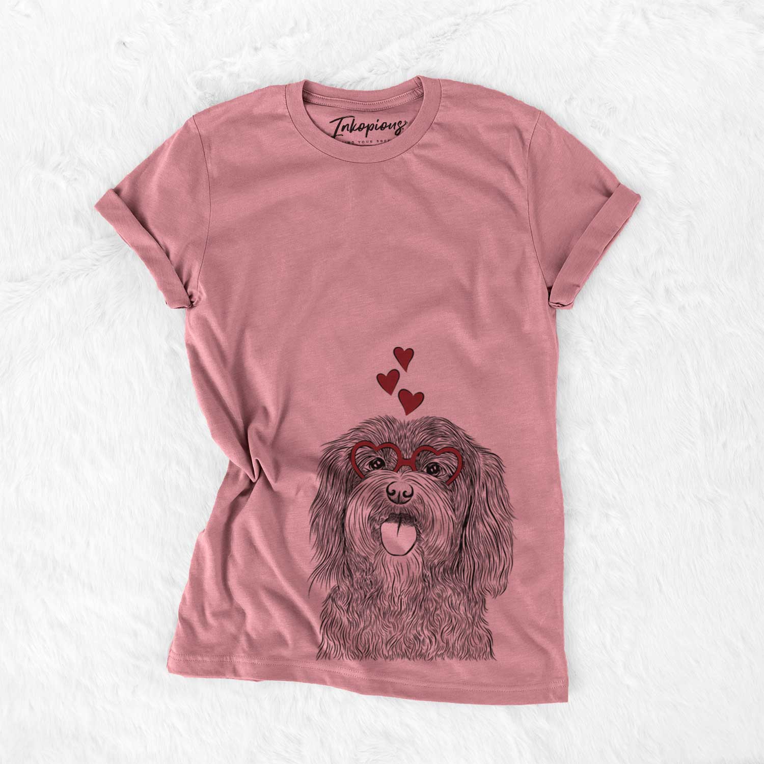 Hand-drawn sketch of Sophie the Havanese wearing heart-shaped glasses on a Mauve Bella Canvas Unisex Crewneck