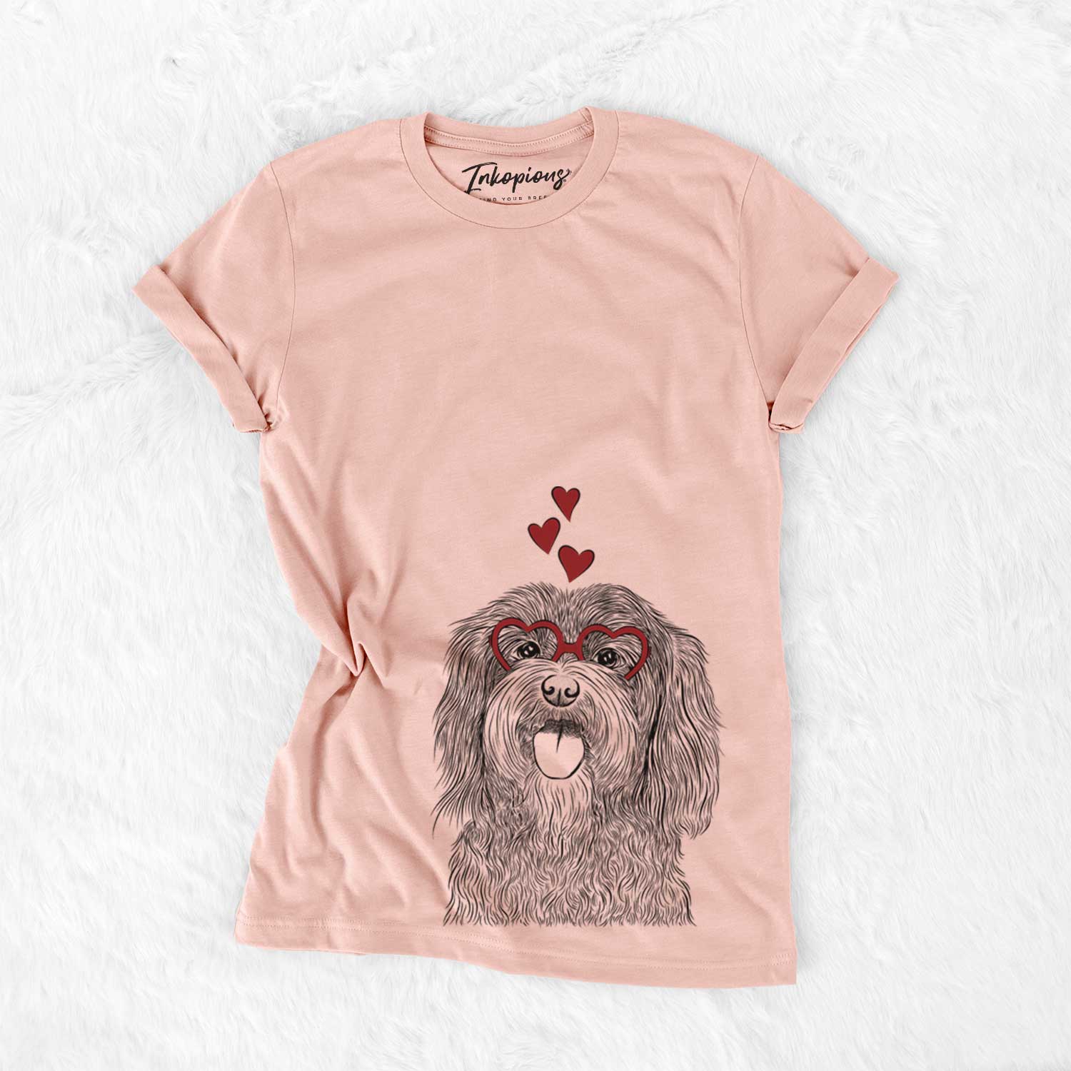 Hand-drawn sketch of Sophie the Havanese wearing heart-shaped glasses on a Peach Bella Canvas Unisex Crewneck