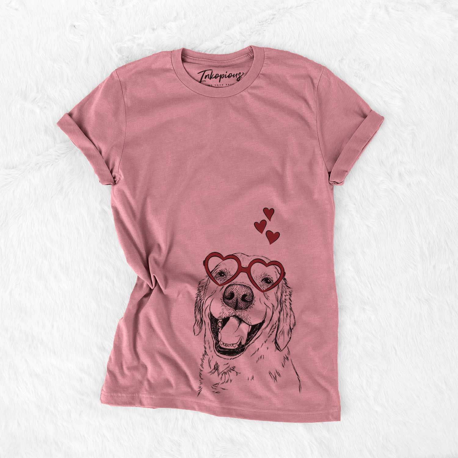 Hand-drawn sketch of Spanky the Golden Retriever wearing heart-shaped glasses on a Mauve Bella Canvas Unisex Crewneck