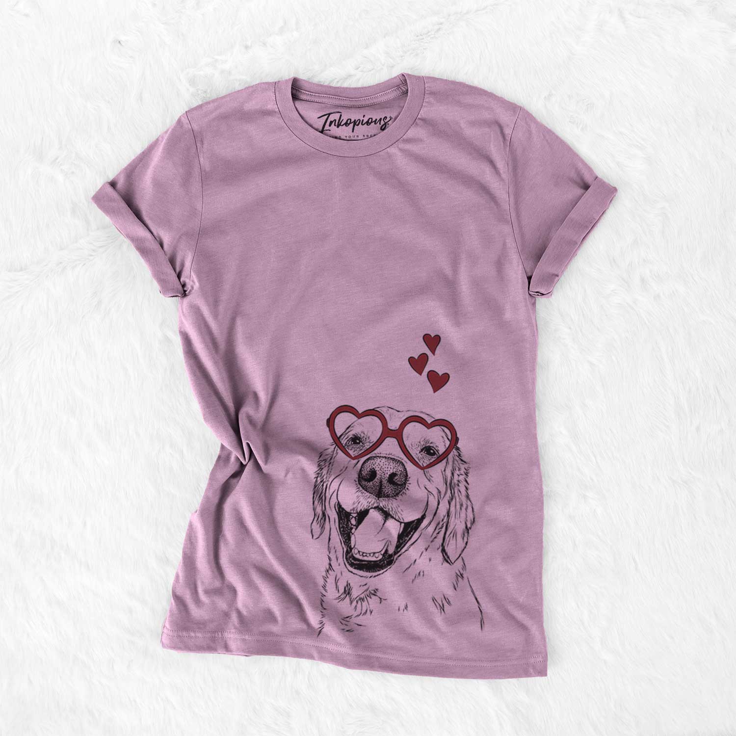 Hand-drawn sketch of Spanky the Golden Retriever wearing heart-shaped glasses on an Orchid Bella Canvas Unisex Crewneck