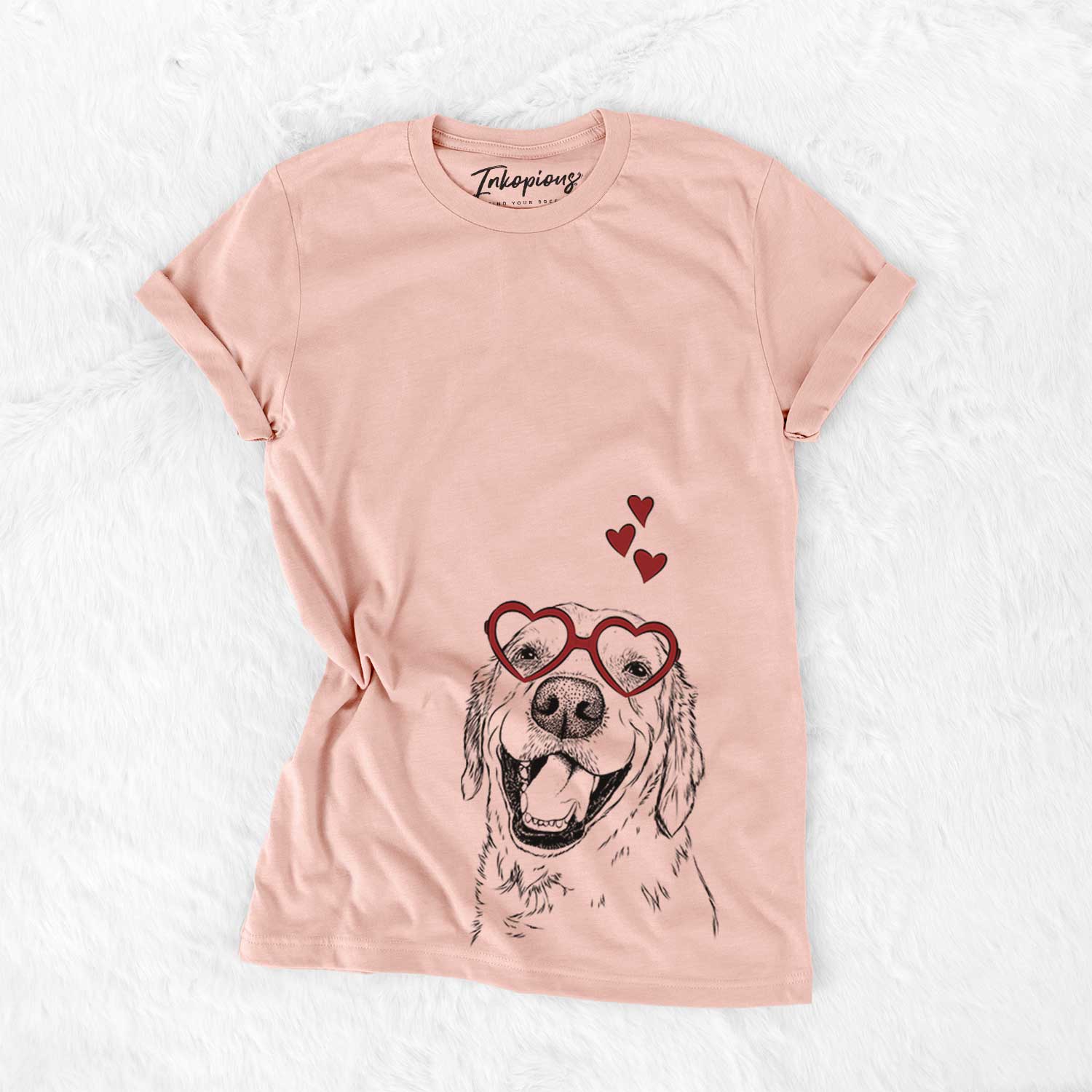 Hand-drawn sketch of Spanky the Golden Retriever wearing heart-shaped glasses on a Peach Bella Canvas Unisex Crewneck