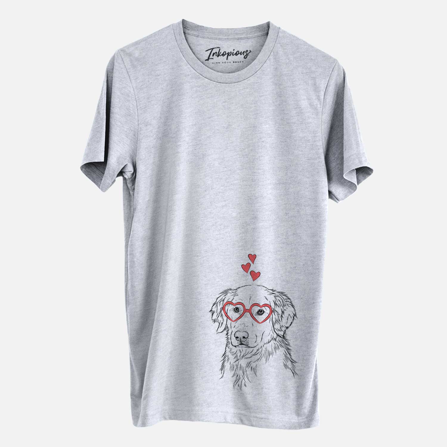 Hand-drawn sketch of Spencer the Golden Retriever wearing heart-shaped glasses on a Grey Unisex crewneck
