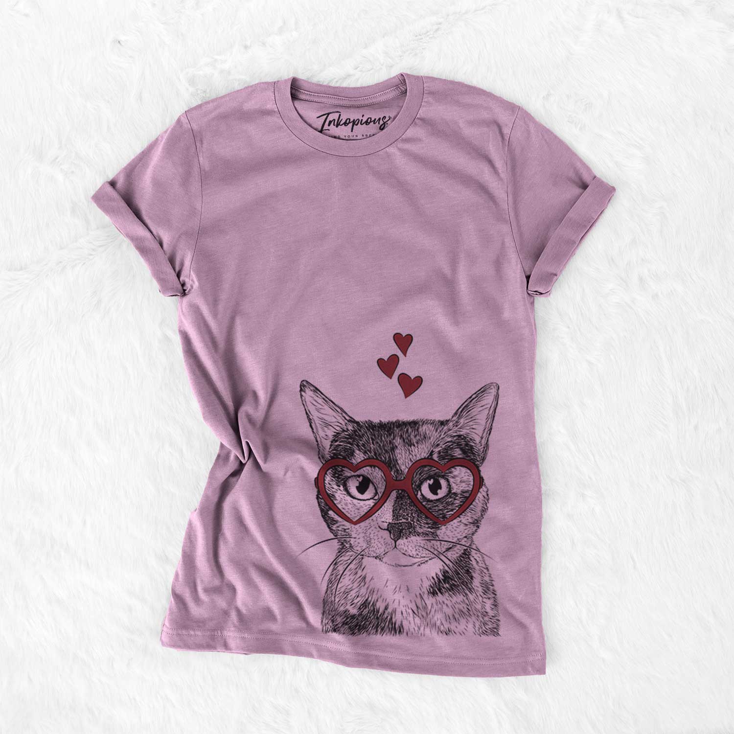 Hand-drawn sketch of Spooky Kitty the Tortoiseshell Cat wearing heart-shaped glasses on an Orchid Bella Canvas Unisex Crewneck