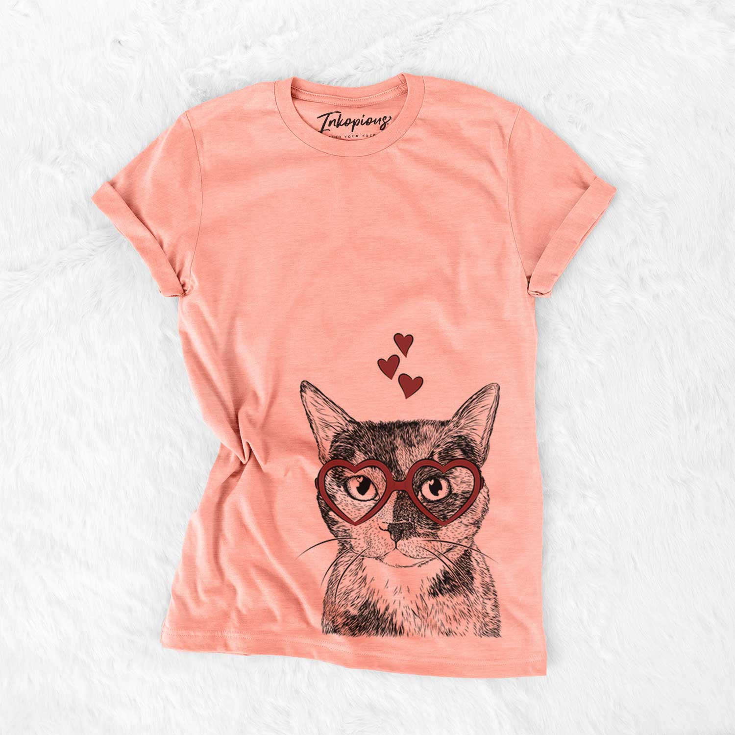 Hand-drawn sketch of Spooky Kitty the Tortoiseshell Cat wearing heart-shaped glasses on a Sunset Bella Canvas Unisex Crewneck