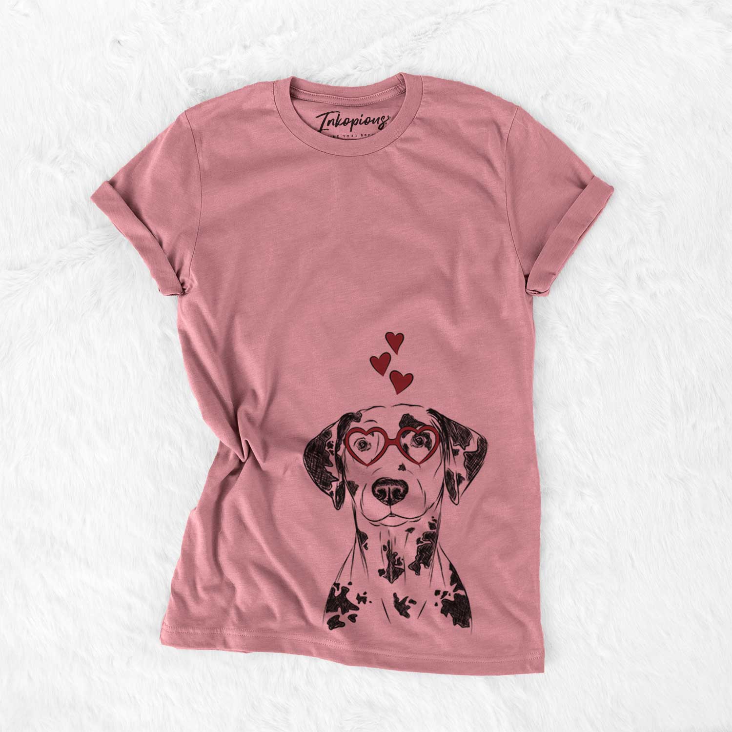 Hand-drawn sketch of Spot the Dalmatian wearing heart-shaped glasses on a Mauve Bella Canvas Unisex Crewneck