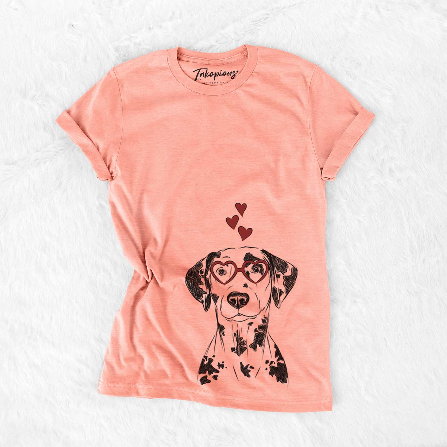 Hand-drawn sketch of Spot the Dalmatian wearing heart-shaped glasses on a Sunset Bella Canvas Unisex Crewneck