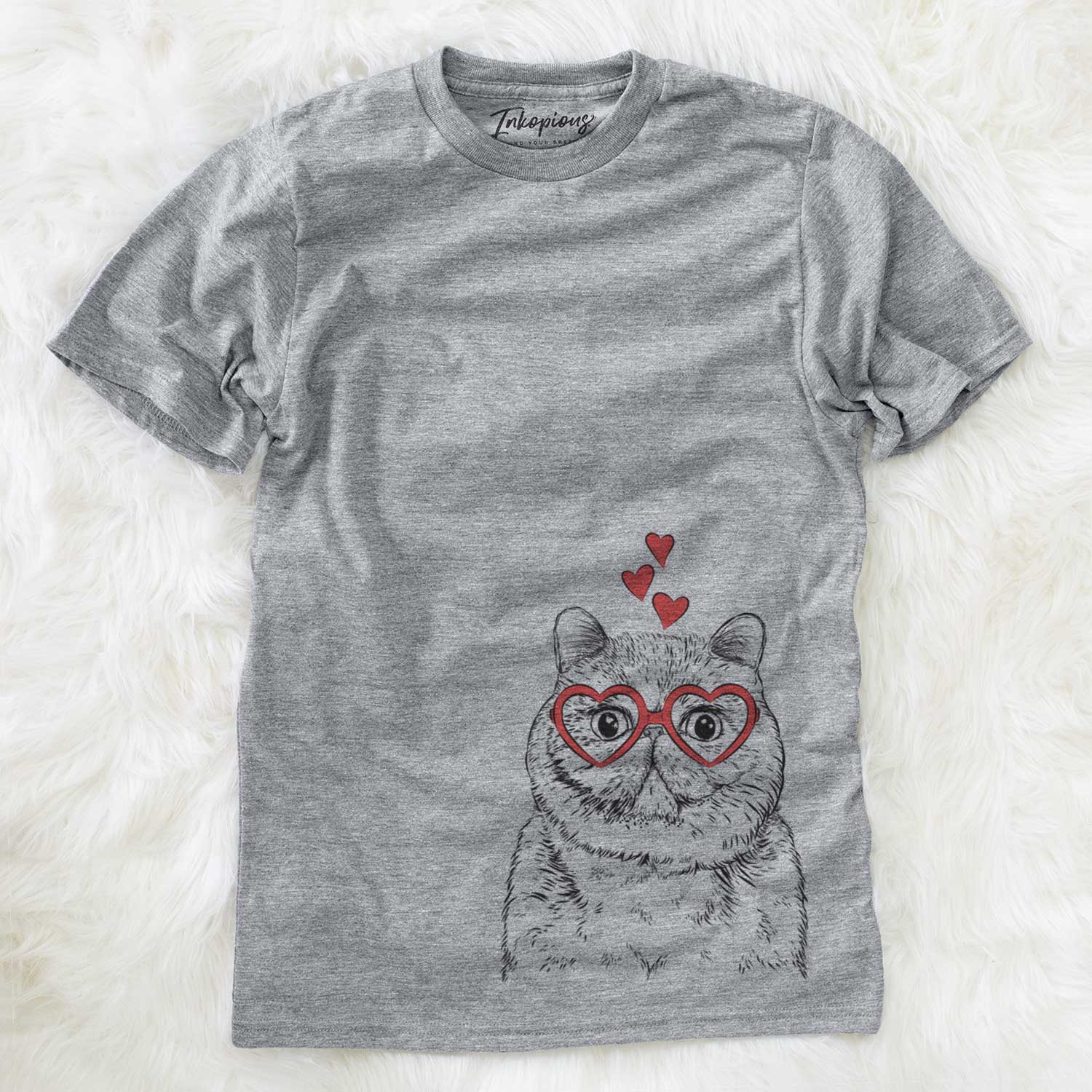 Hand-drawn sketch of Squish the Exotic Shorthair Cat wearing heart-shaped glasses on a Grey Unisex crewneck