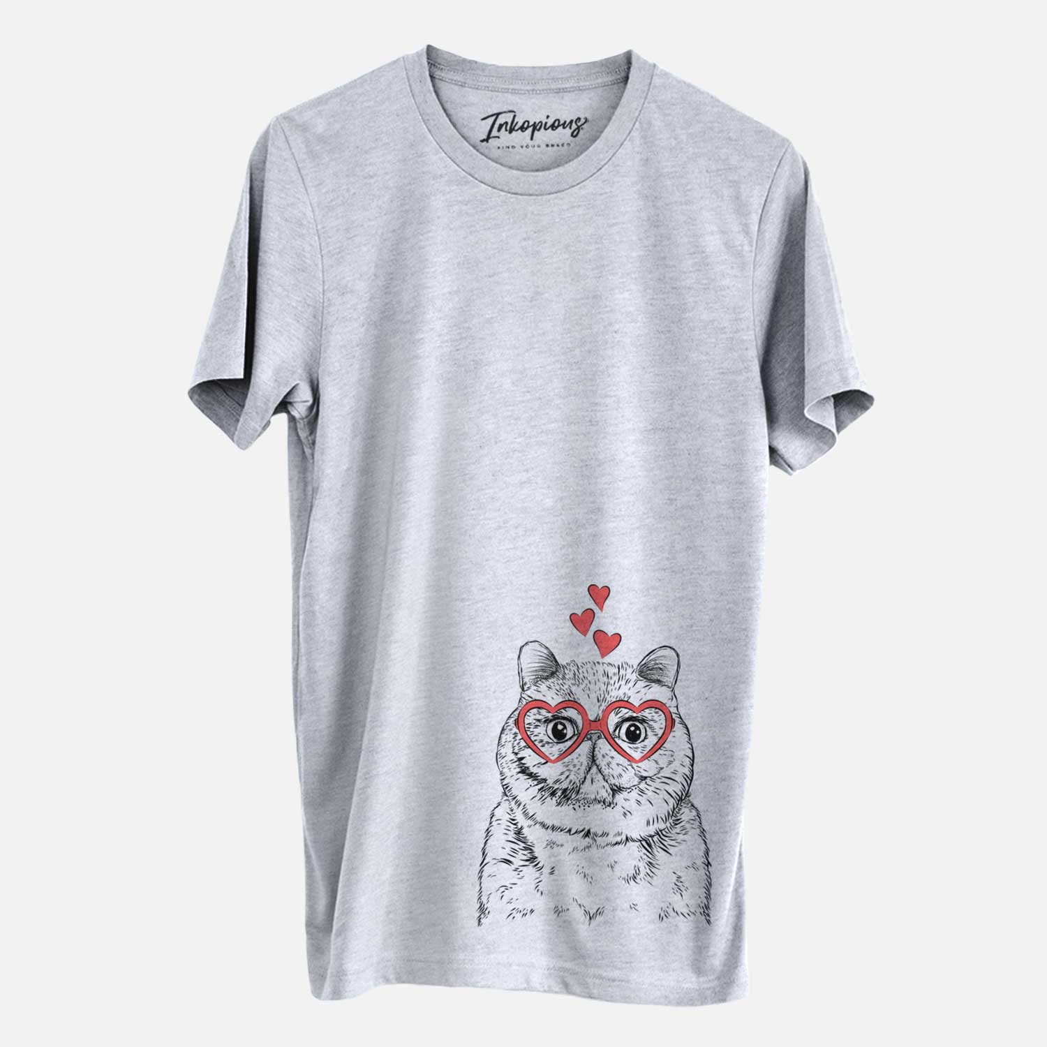 Hand-drawn sketch of Squish the Exotic Shorthair Cat wearing heart-shaped glasses on a Grey Unisex crewneck