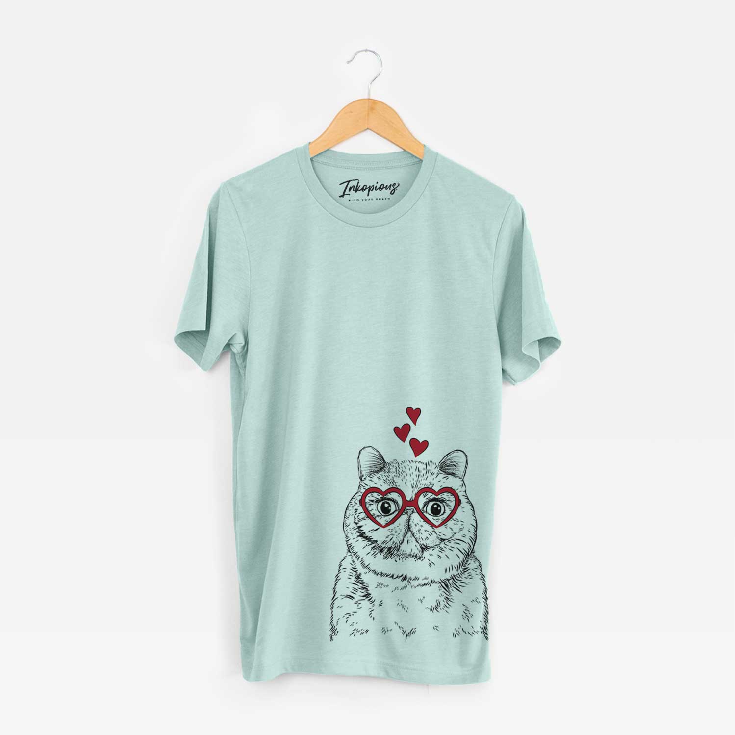Hand-drawn sketch of Squish the Exotic Shorthair Cat wearing heart-shaped glasses on a Heather Sage Bella Canvas Unisex Crewneck