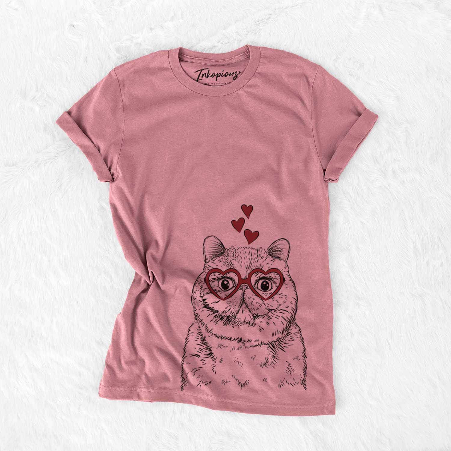 Hand-drawn sketch of Squish the Exotic Shorthair Cat wearing heart-shaped glasses on a Mauve Bella Canvas Unisex Crewneck