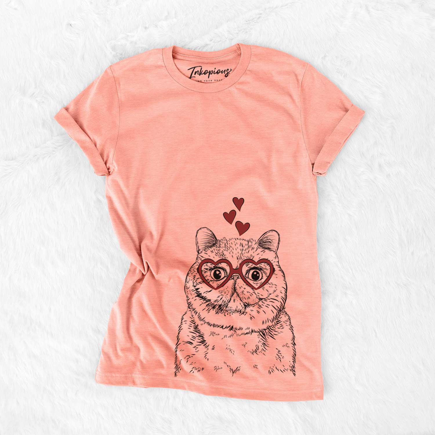 Hand-drawn sketch of Squish the Exotic Shorthair Cat wearing heart-shaped glasses on a Sunset Bella Canvas Unisex Crewneck
