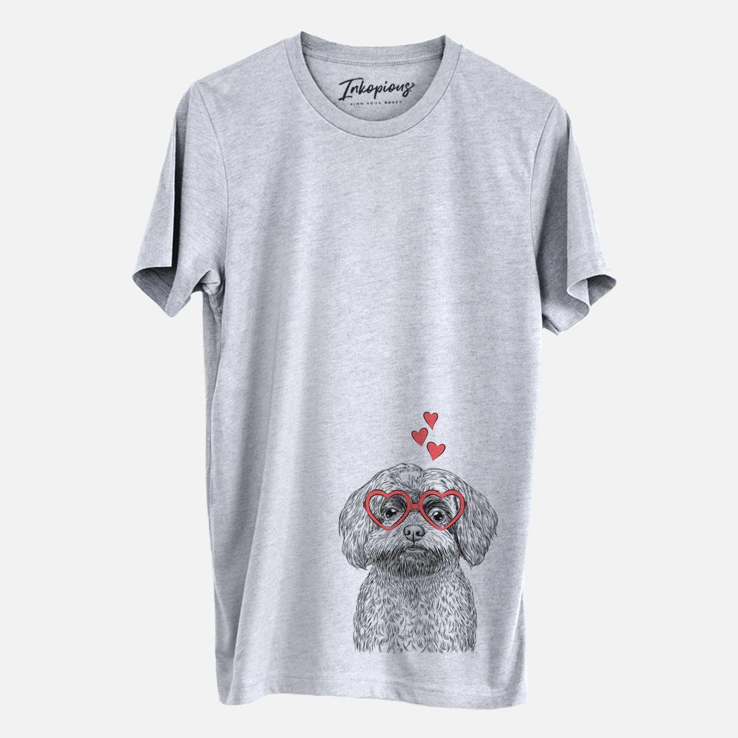 Hand-drawn sketch of Stella the Shih Tzu Mix wearing heart-shaped glasses on a Grey Unisex crewneck