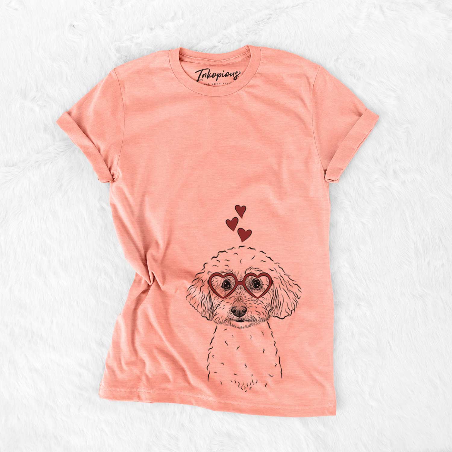Hand-drawn sketch of Stitch the Bichonpoo wearing heart-shaped glasses on a Sunset Bella Canvas Unisex Crewneck