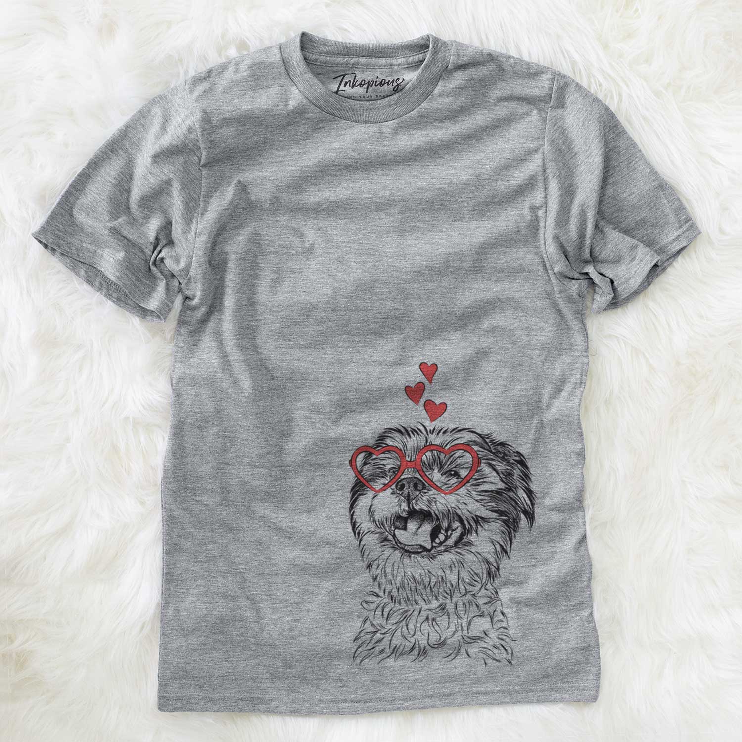 Hand-drawn sketch of Sugar the Malshi wearing heart-shaped glasses on a Grey Unisex crewneck