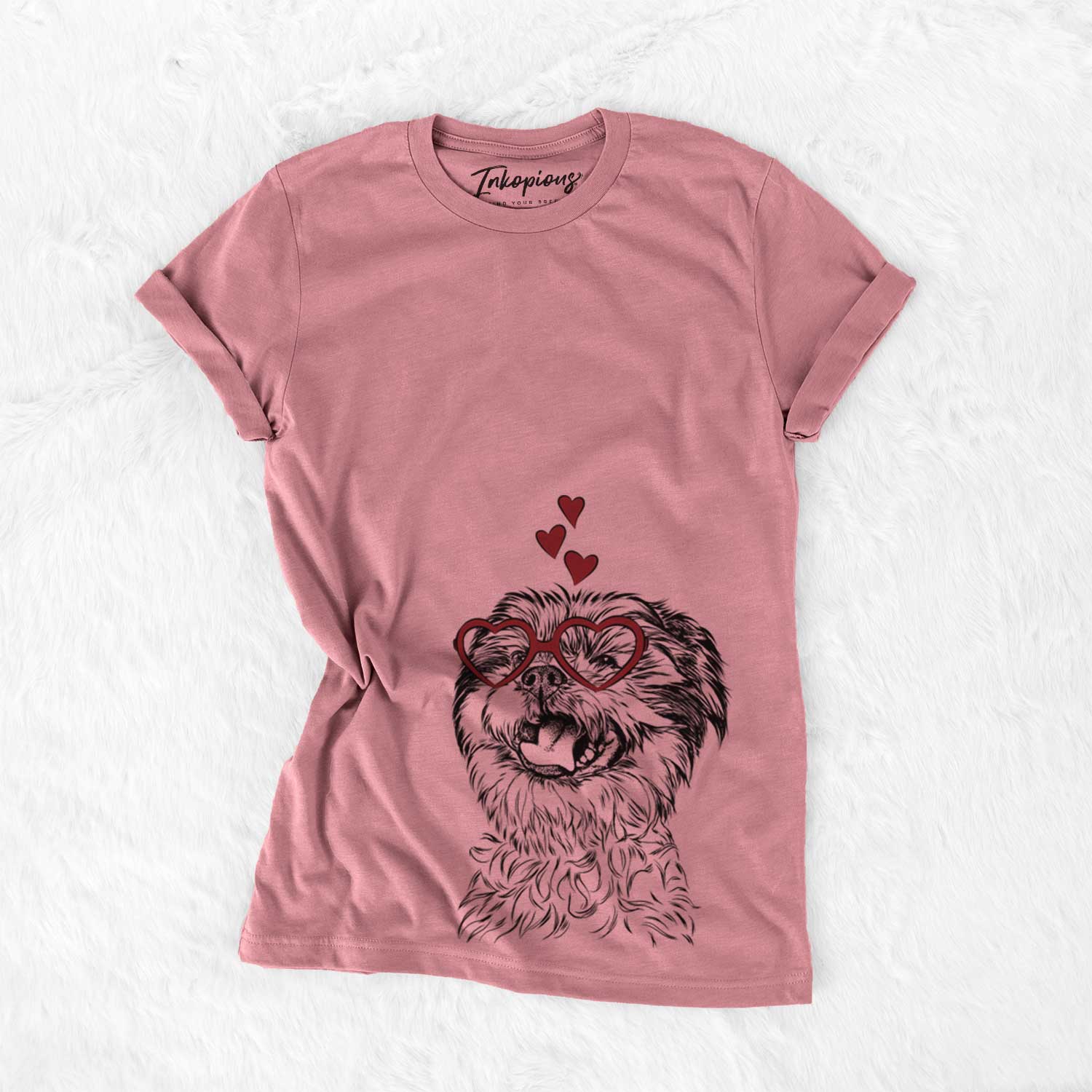 Hand-drawn sketch of Sugar the Malshi wearing heart-shaped glasses on a Mauve Bella Canvas Unisex Crewneck