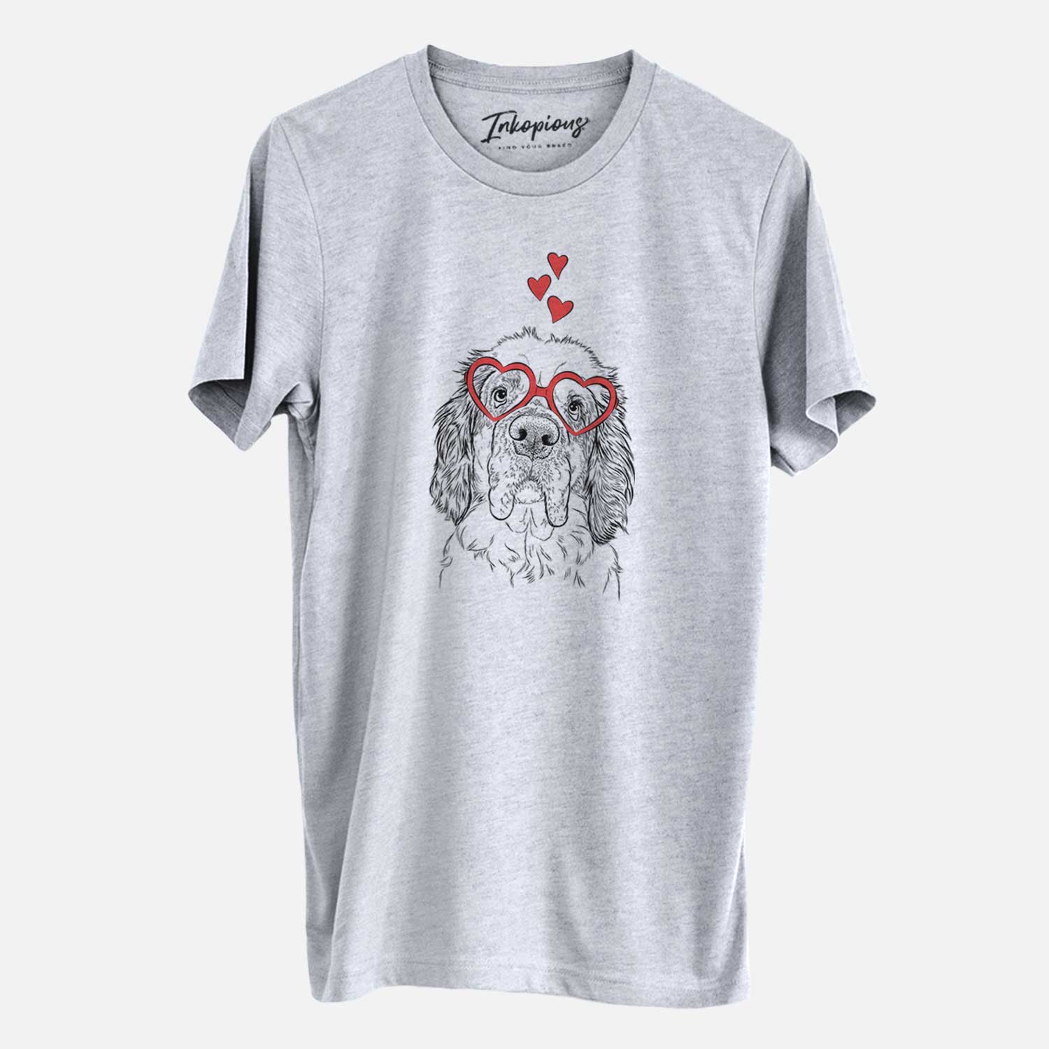 Hand-drawn sketch of Sully the Clumber Spaniel wearing heart-shaped glasses on a Grey Unisex crewneck