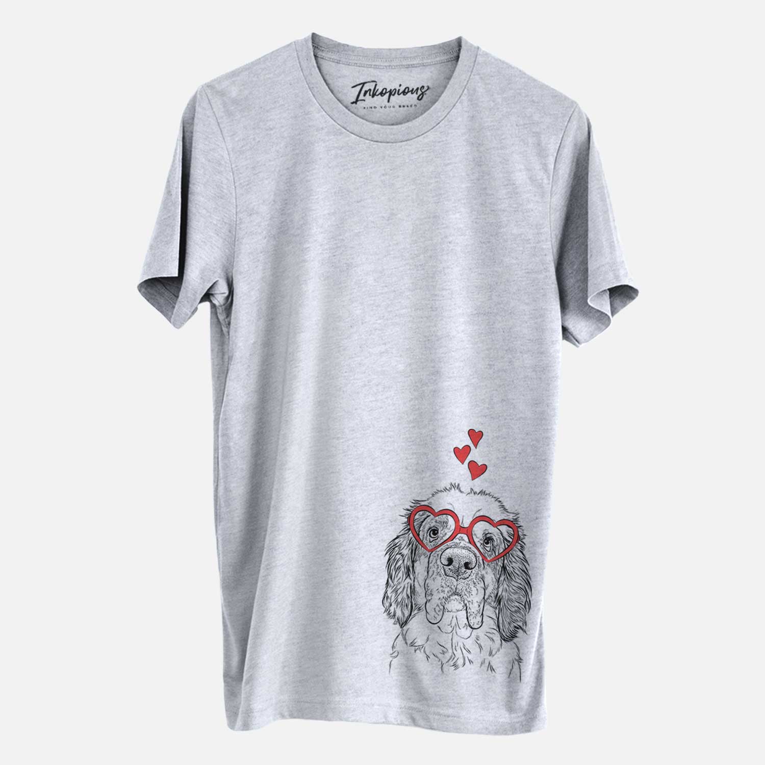 Hand-drawn sketch of Sully the Clumber Spaniel wearing heart-shaped glasses on a Grey Unisex crewneck