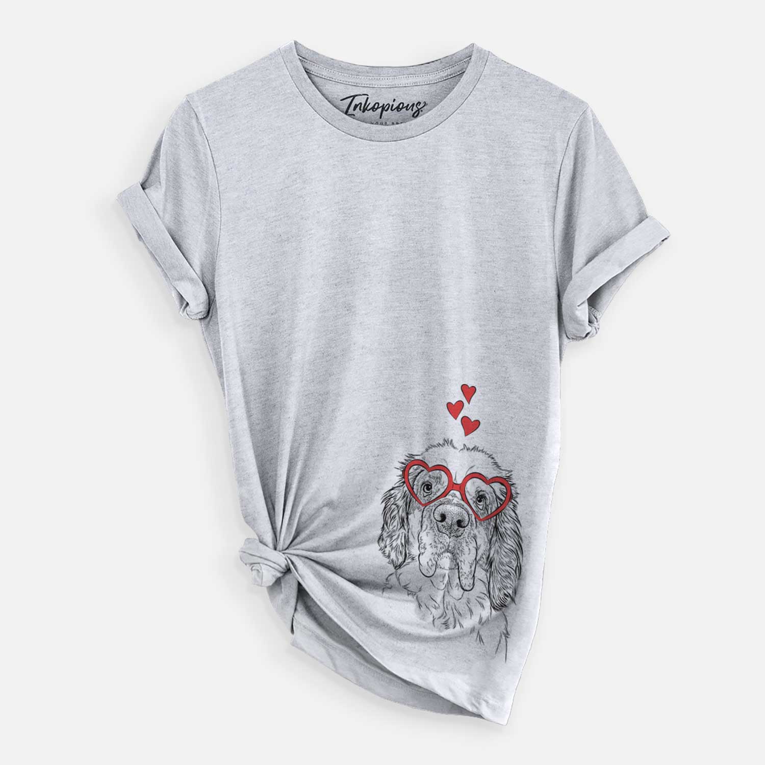 Hand-drawn sketch of Sully the Clumber Spaniel wearing heart-shaped glasses on a Grey Unisex crewneck
