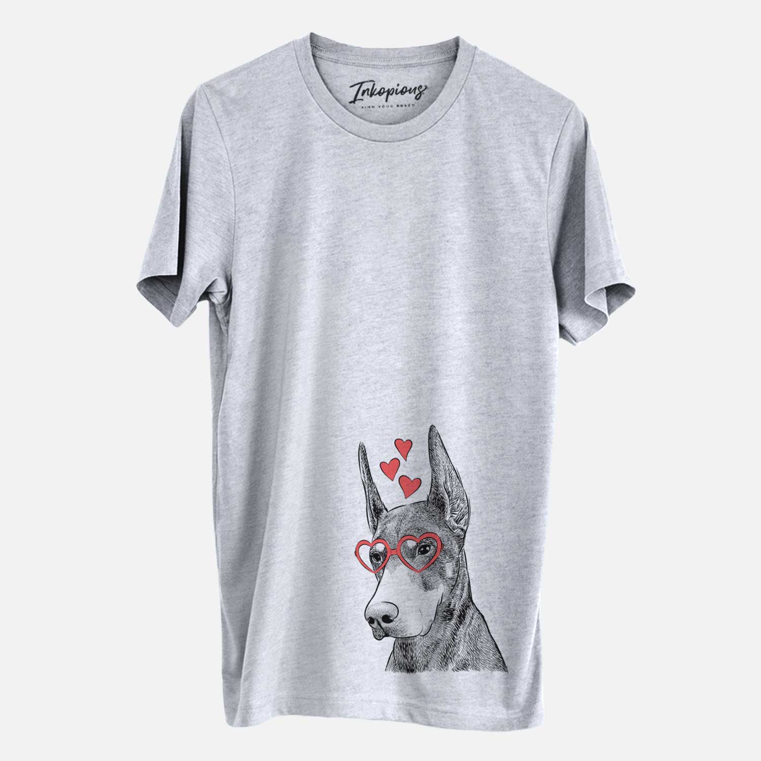 Hand-drawn sketch of Sunny the Doberman Pinscher wearing heart-shaped glasses on a Grey Unisex crewneck