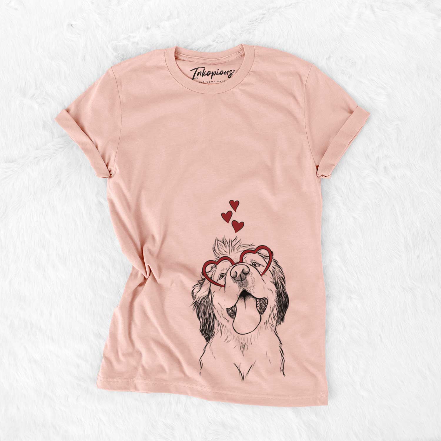 Hand-drawn sketch of Sven the Double Merle Spaniel Aussie Mix wearing heart-shaped glasses on a Peach Bella Canvas Unisex Crewneck