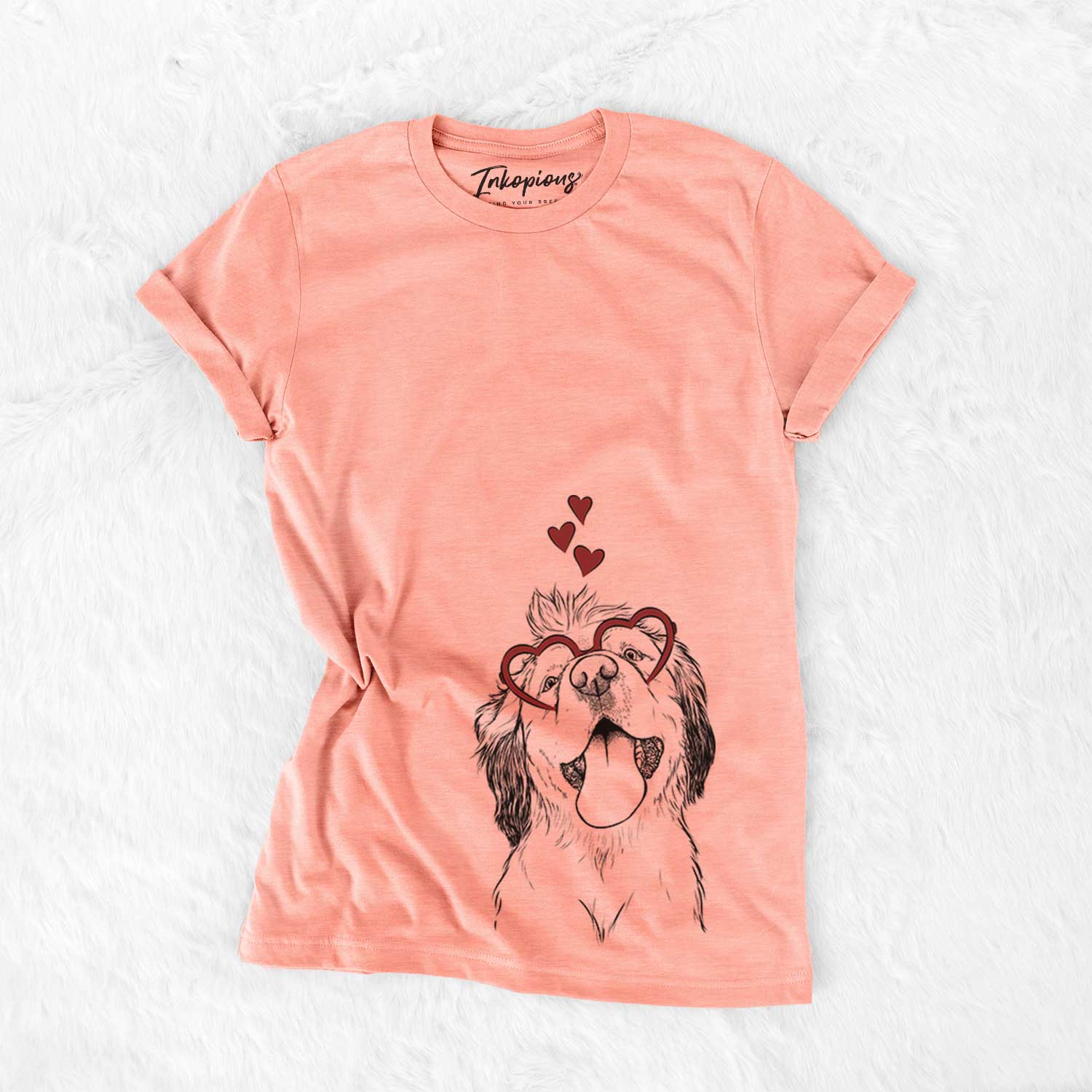 Hand-drawn sketch of Sven the Double Merle Spaniel Aussie Mix wearing heart-shaped glasses on a Sunset Bella Canvas Unisex Crewneck
