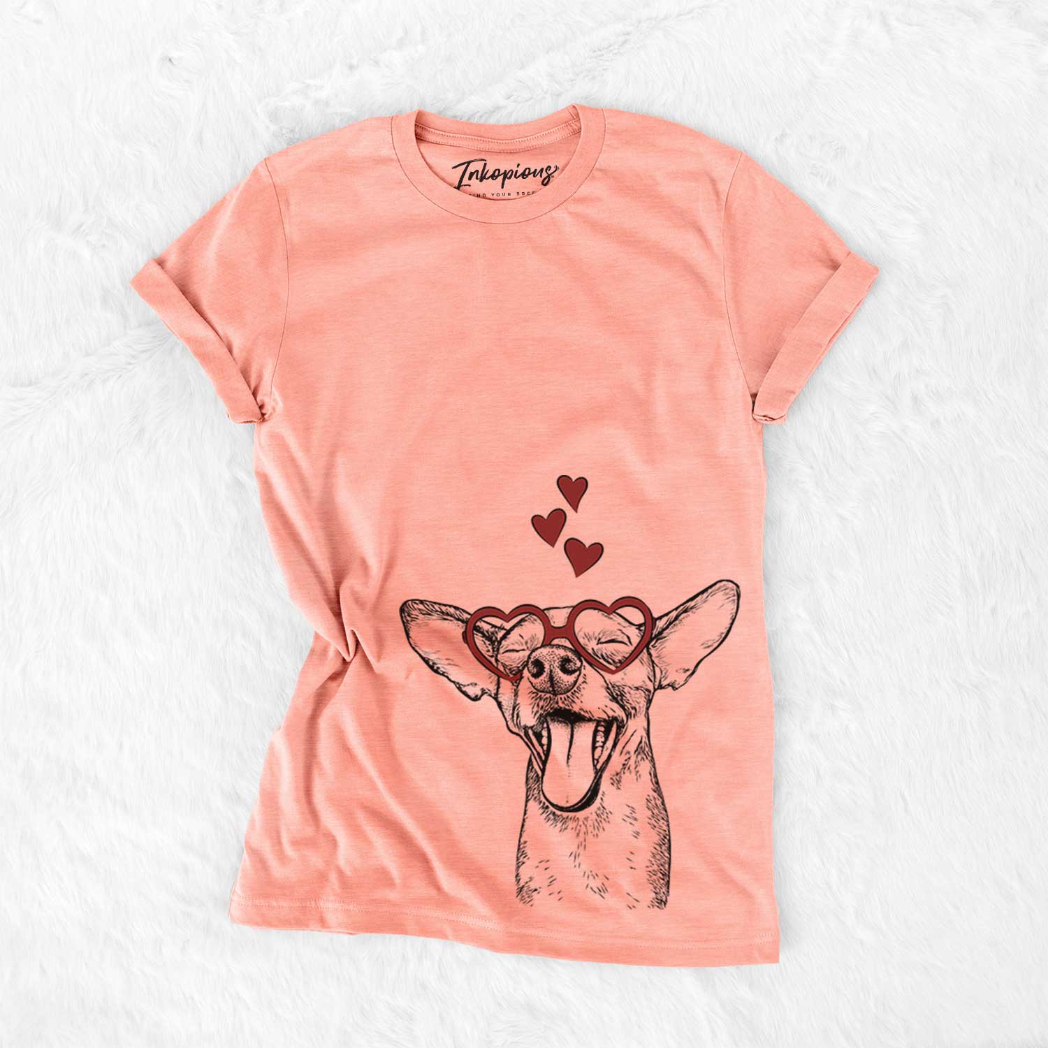 Hand-drawn sketch of Sweet Bailey the Chihuahua Mix wearing heart-shaped glasses on a Sunset Bella Canvas Unisex Crewneck