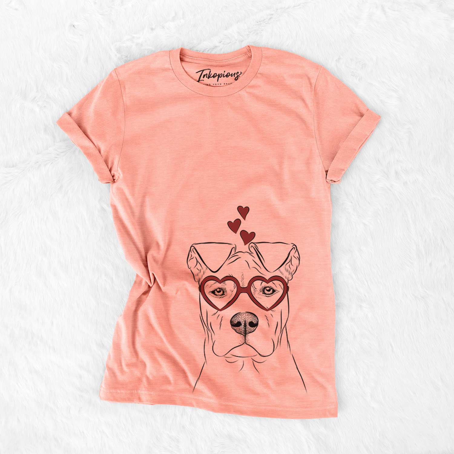 Hand-drawn sketch of Sweet Finn the Mixed Breed wearing heart-shaped glasses on a Sunset Bella Canvas Unisex Crewneck