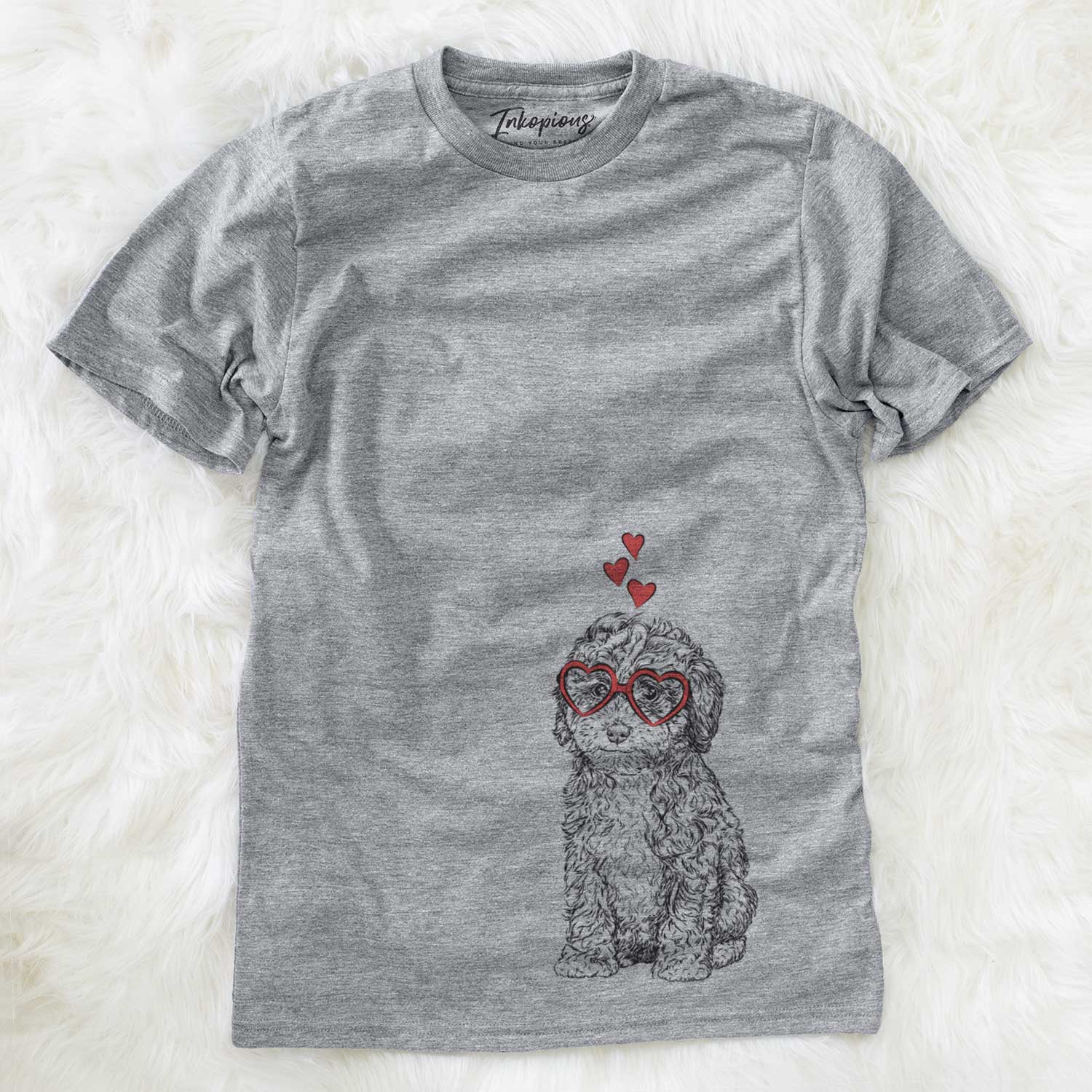 Hand-drawn sketch of Sweet Tea the Mini Doodle wearing heart-shaped glasses on a Grey Unisex crewneck