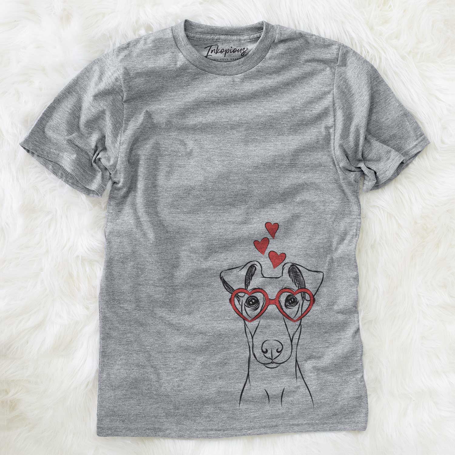 Hand-drawn sketch of Tanner the Fox Terrier wearing heart-shaped glasses on a Grey Unisex crewneck