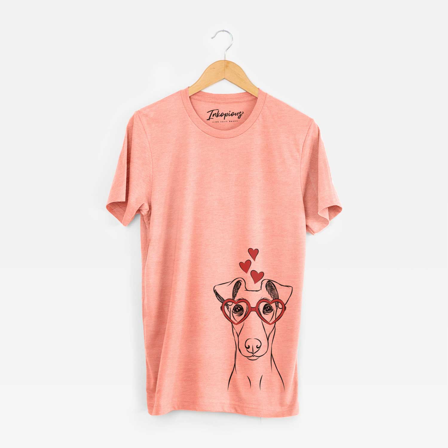 Hand-drawn sketch of Tanner the Fox Terrier wearing heart-shaped glasses on a Sunset Unisex crewneck