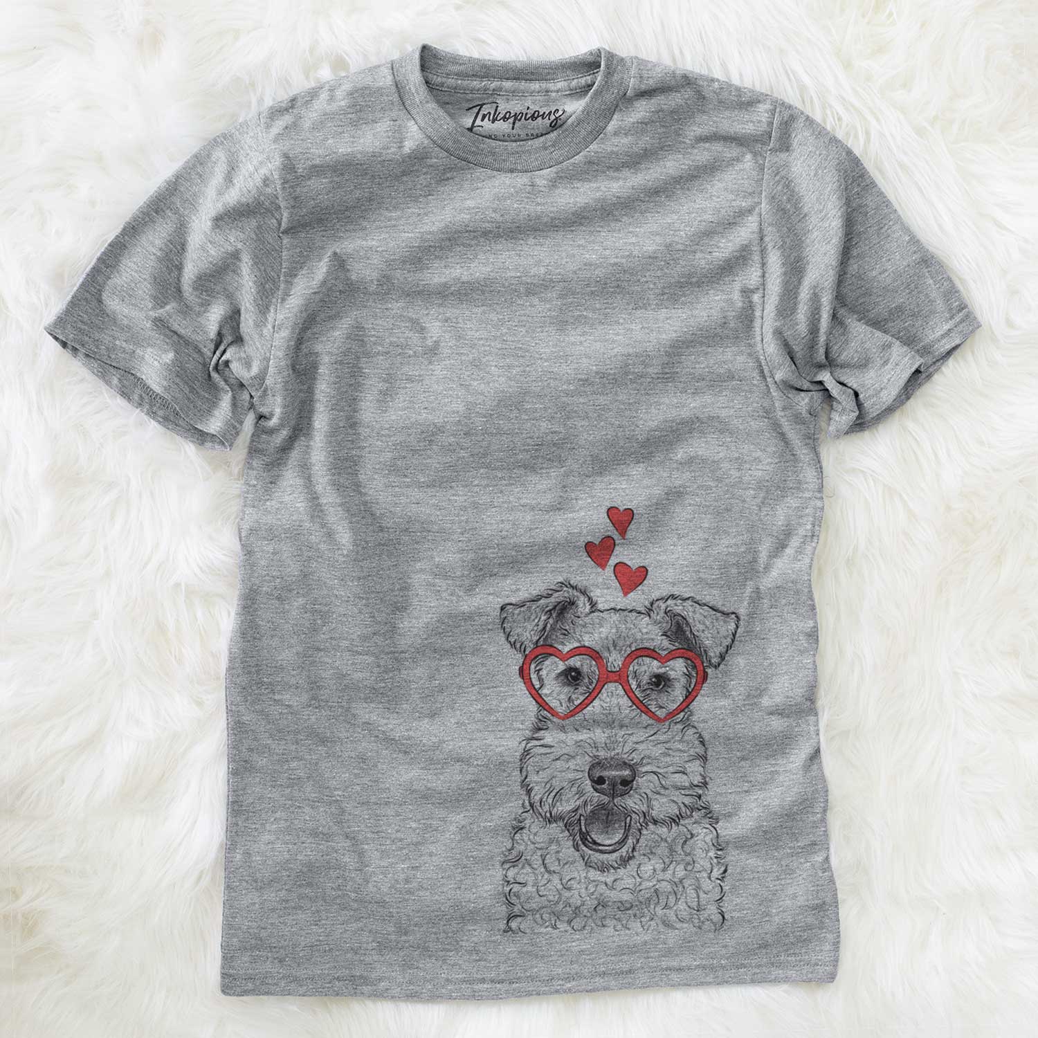 Hand-drawn sketch of Ted the Wire Fox Terrier wearing heart-shaped glasses on a Grey Unisex crewneck
