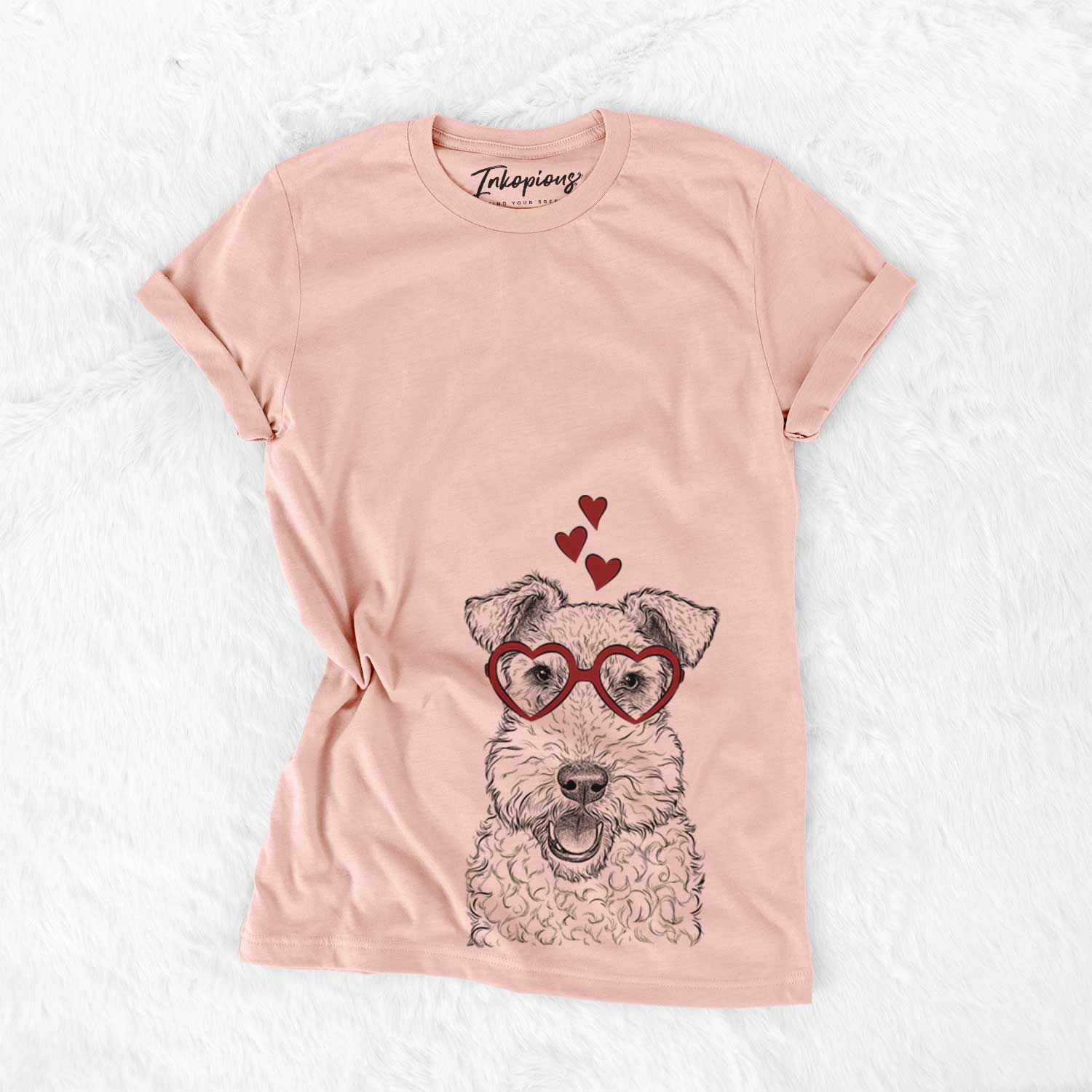 Hand-drawn sketch of Ted the Wire Fox Terrier wearing heart-shaped glasses on a Peach Bella Canvas Unisex Crewneck
