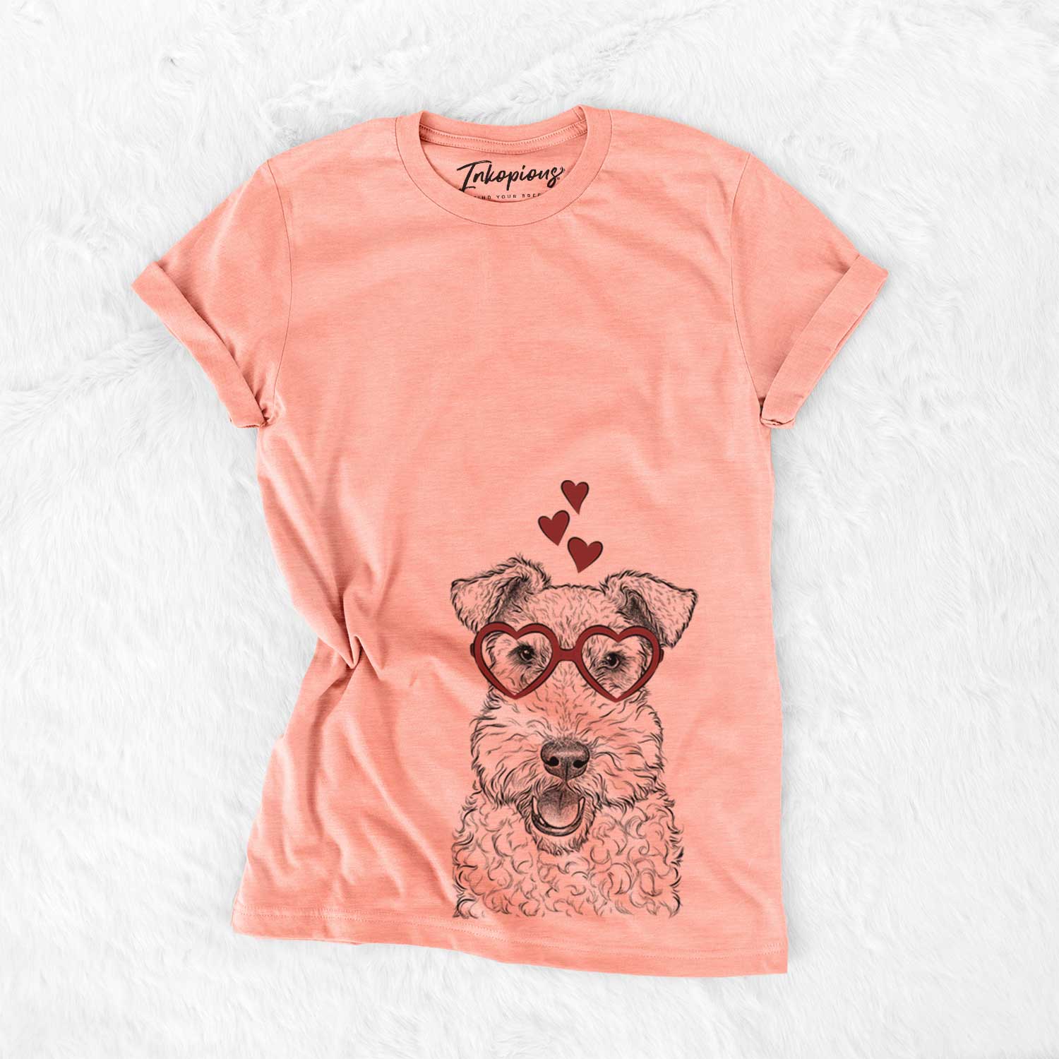 Hand-drawn sketch of Ted the Wire Fox Terrier wearing heart-shaped glasses on a Sunset Bella Canvas Unisex Crewneck