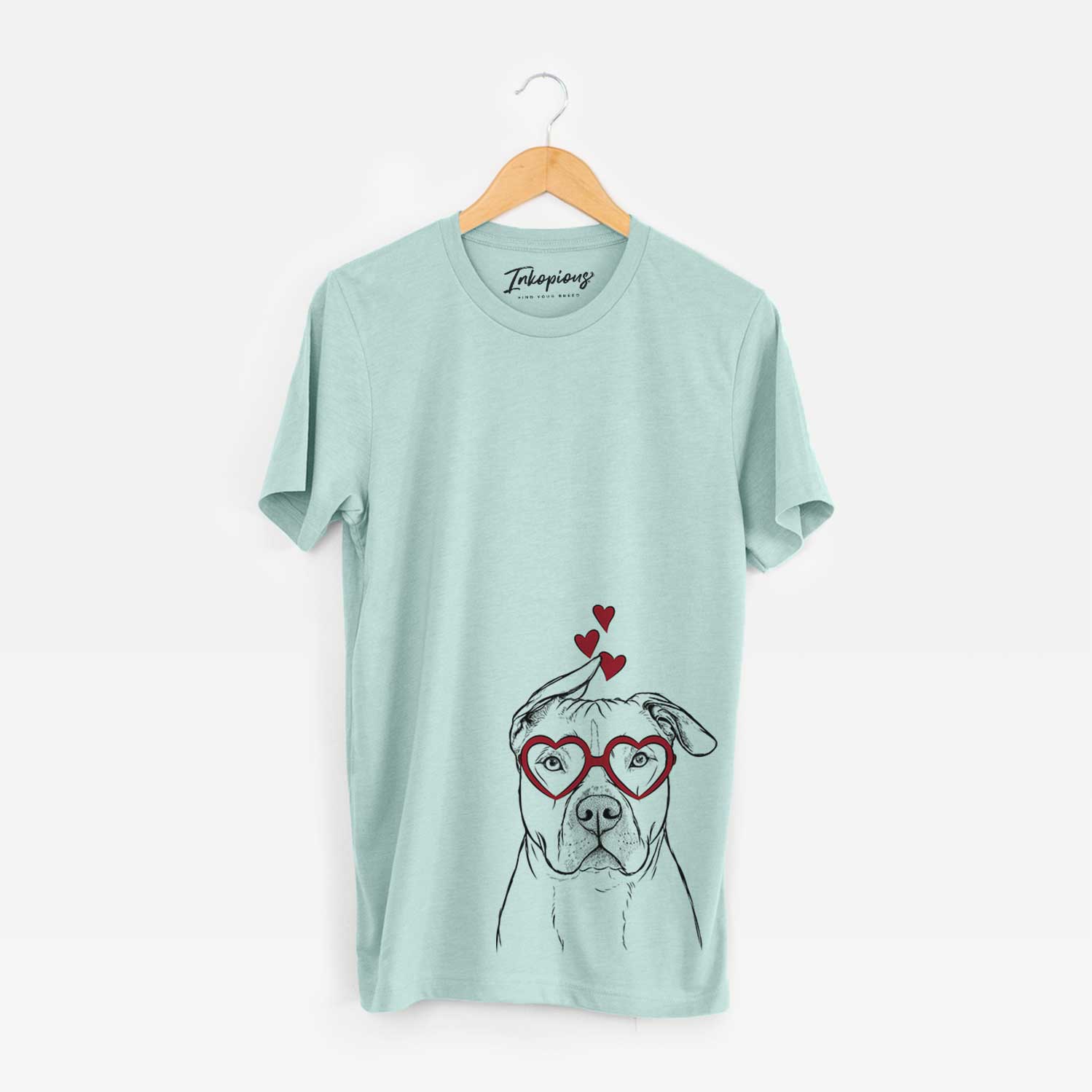 Hand-drawn sketch of Teddy Jam the Pitbull wearing heart-shaped glasses on a Heather Sage Bella Canvas Unisex Crewneck