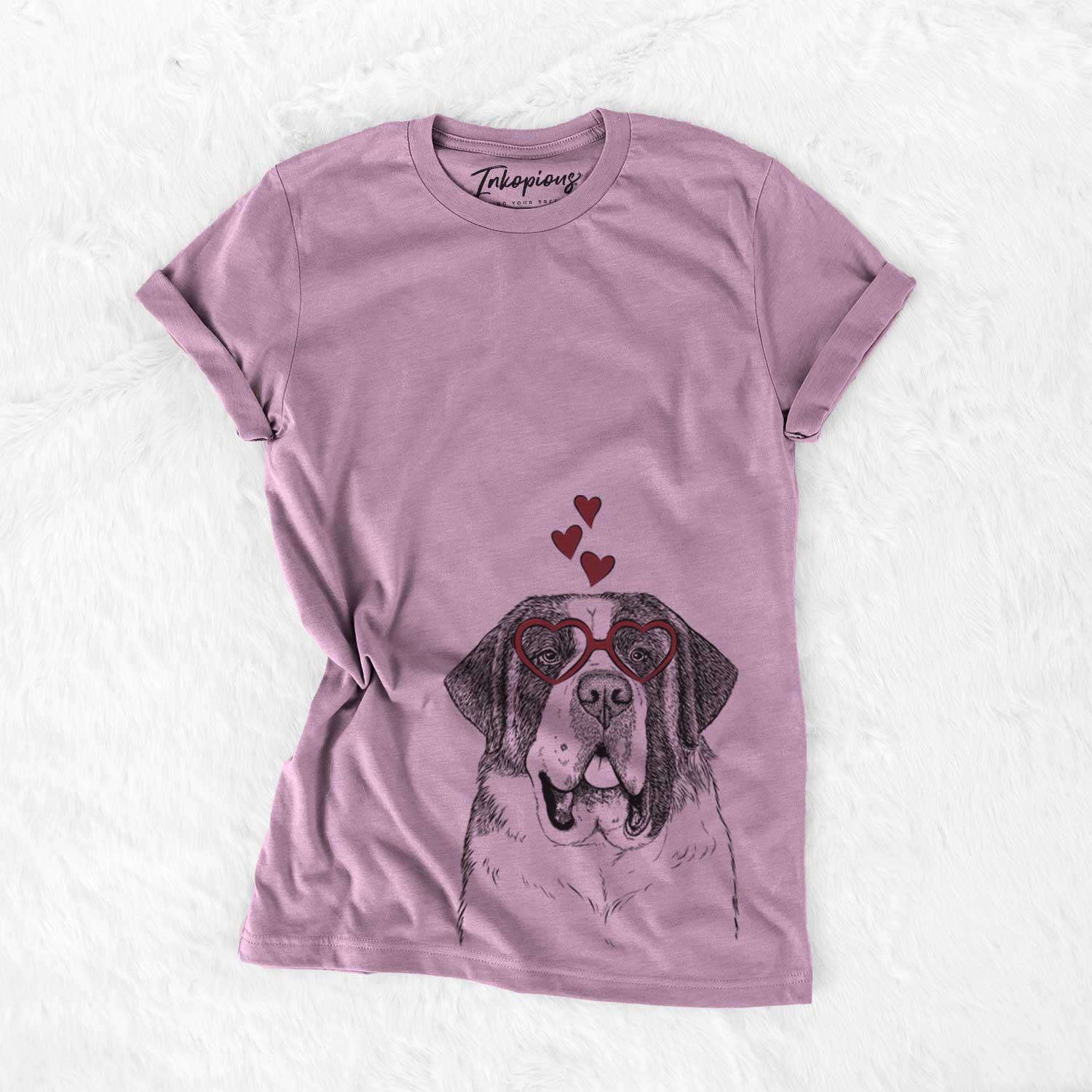 Hand-drawn sketch of Thor the Saint Bernard wearing heart-shaped glasses on an Orchid Bella Canvas Unisex Crewneck