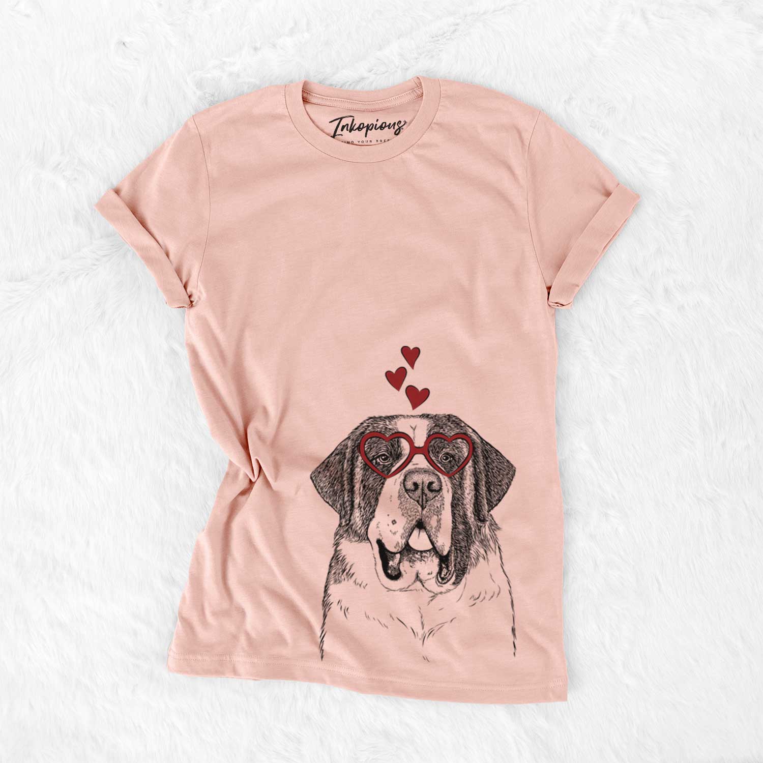 Hand-drawn sketch of Thor the Saint Bernard wearing heart-shaped glasses on a Peach Bella Canvas Unisex Crewneck