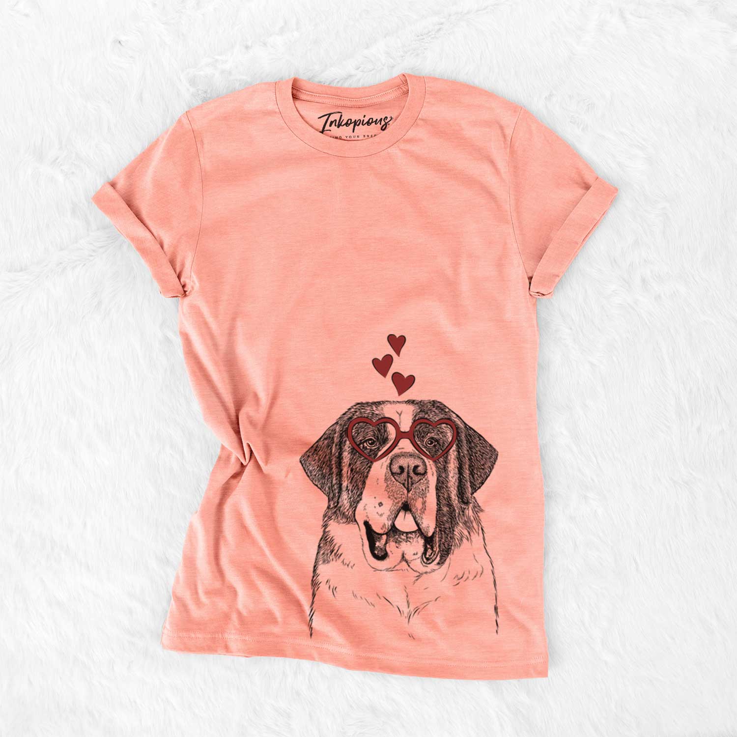 Hand-drawn sketch of Thor the Saint Bernard wearing heart-shaped glasses on a Sunset Bella Canvas Unisex Crewneck