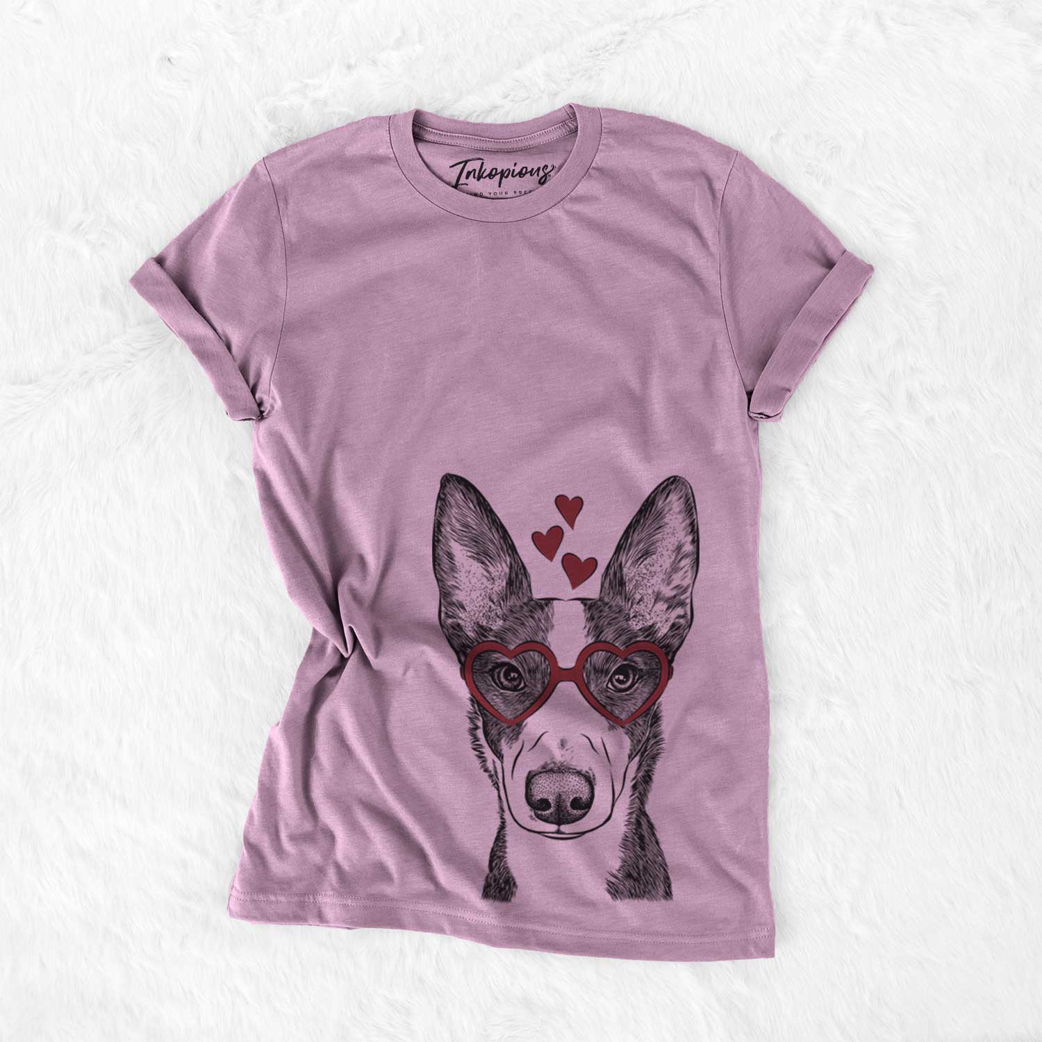 Hand-drawn sketch of Tigm the Bippet wearing heart-shaped glasses on an Orchid Bella Canvas Unisex Crewneck