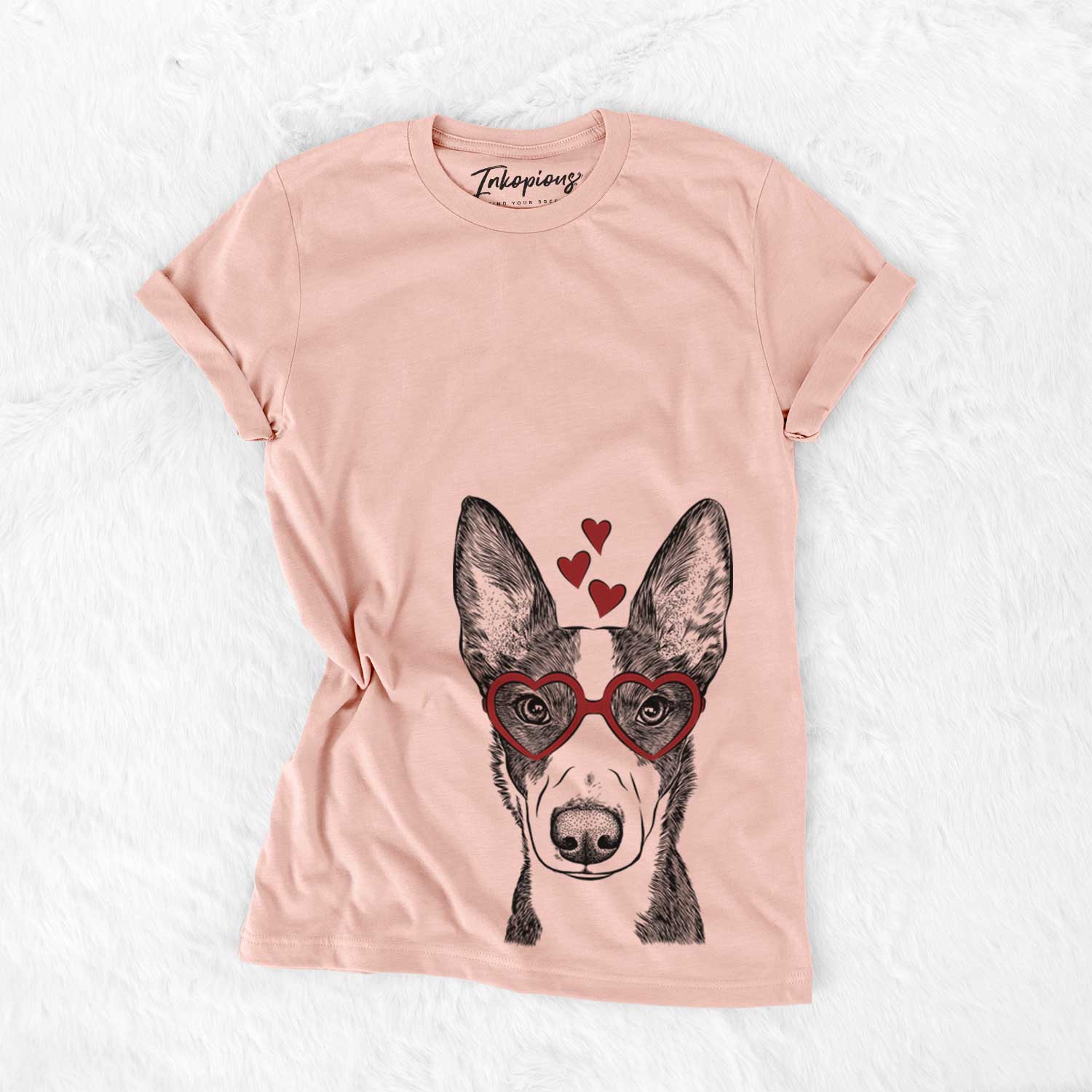 Hand-drawn sketch of Tigm the Bippet wearing heart-shaped glasses on a Peach Bella Canvas Unisex Crewneck