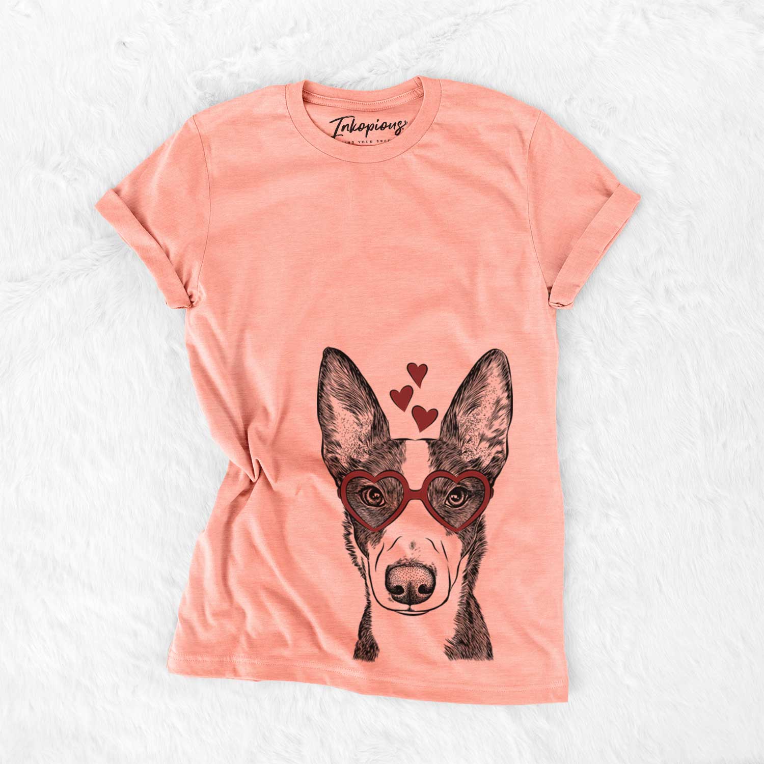 Hand-drawn sketch of Tigm the Bippet wearing heart-shaped glasses on a Sunset Bella Canvas Unisex Crewneck