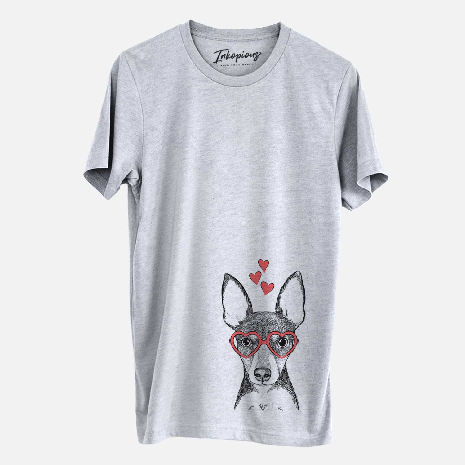 Hand-drawn sketch of Tiny the Toy Fox Terrier wearing heart-shaped glasses on a Grey Unisex crewneck