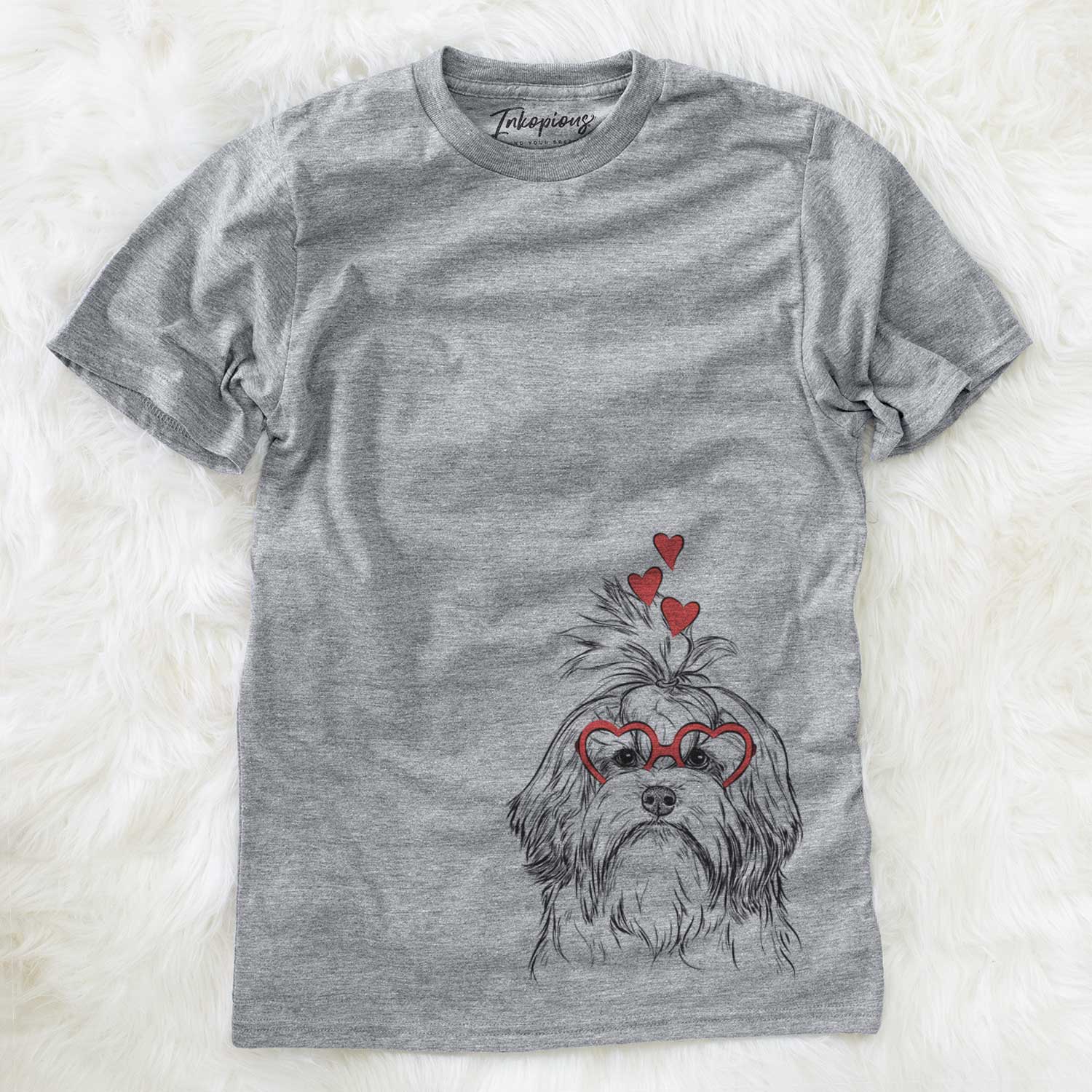 Hand-drawn sketch of Tootsie the Lowchen wearing heart-shaped glasses on a Grey Unisex crewneck