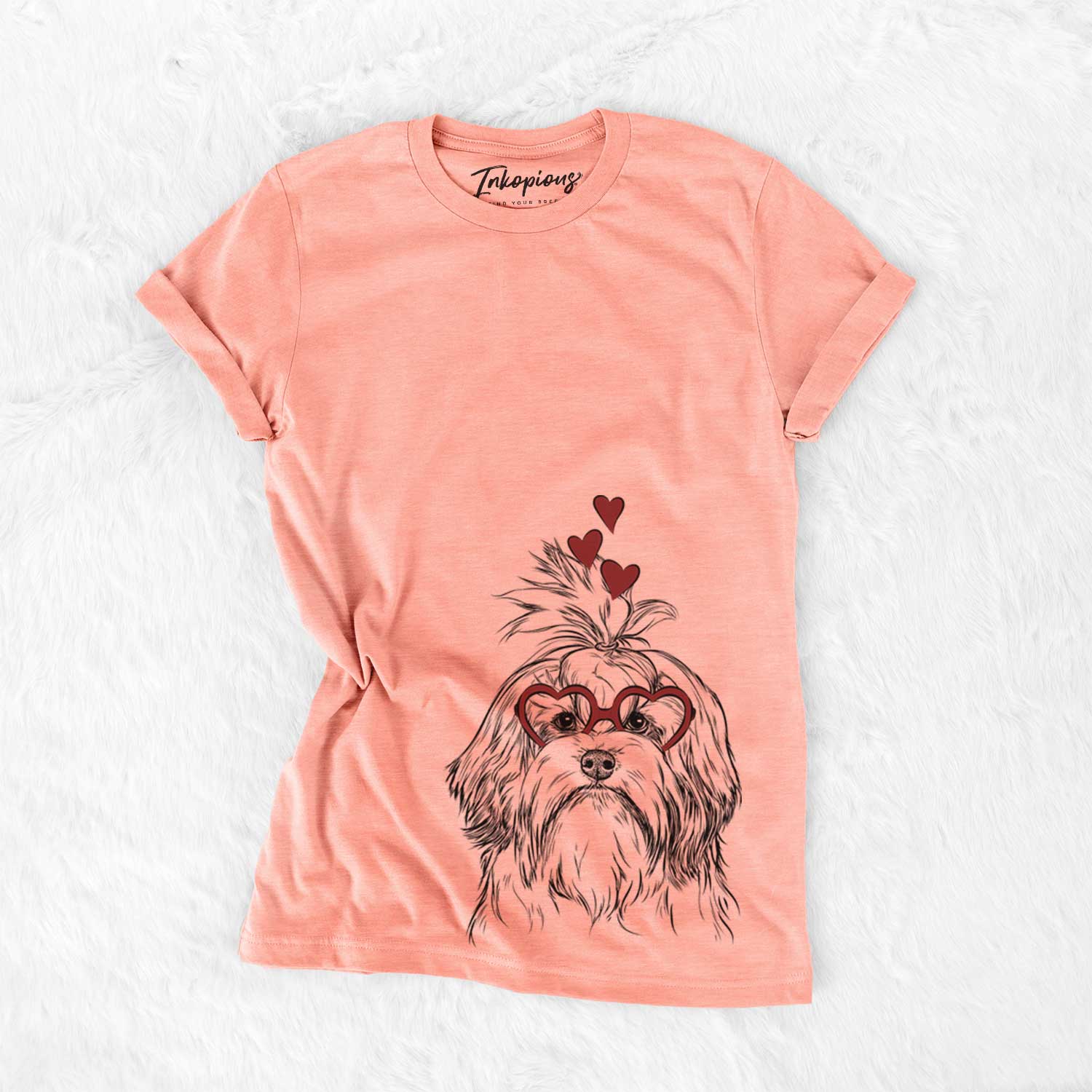 Hand-drawn sketch of Tootsie the Lowchen wearing heart-shaped glasses on a Sunset Bella Canvas Unisex Crewneck
