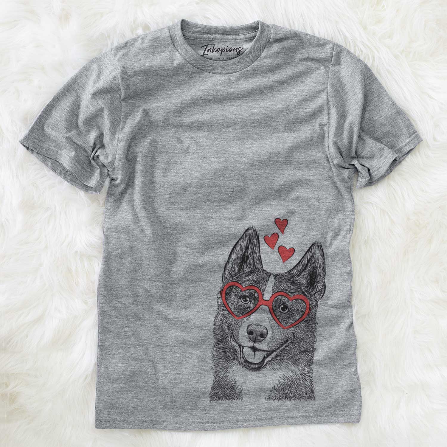 Hand-drawn sketch of Tosca the Karelian Bear Dog wearing heart-shaped glasses on a Grey Unisex crewneck