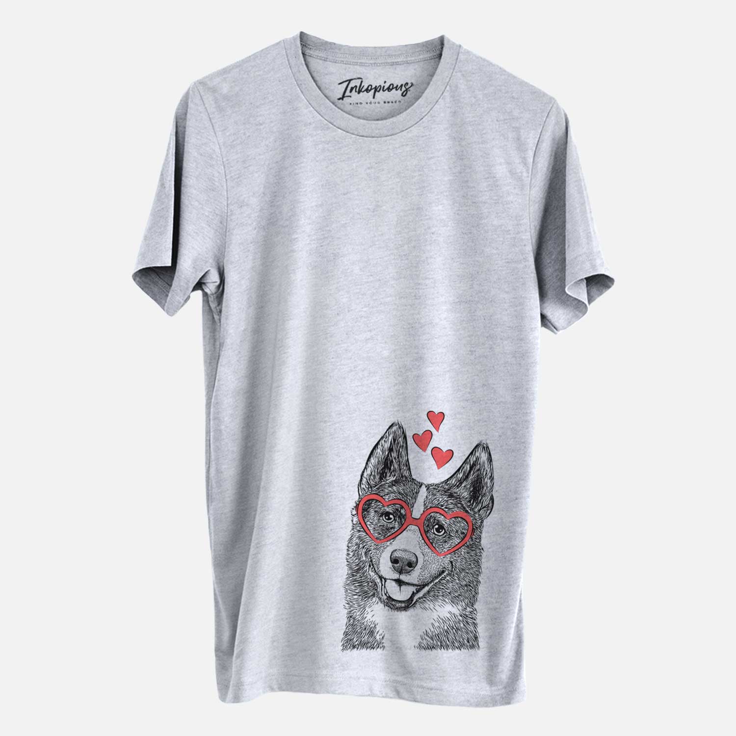 Hand-drawn sketch of Tosca the Karelian Bear Dog wearing heart-shaped glasses on a Grey Unisex crewneck