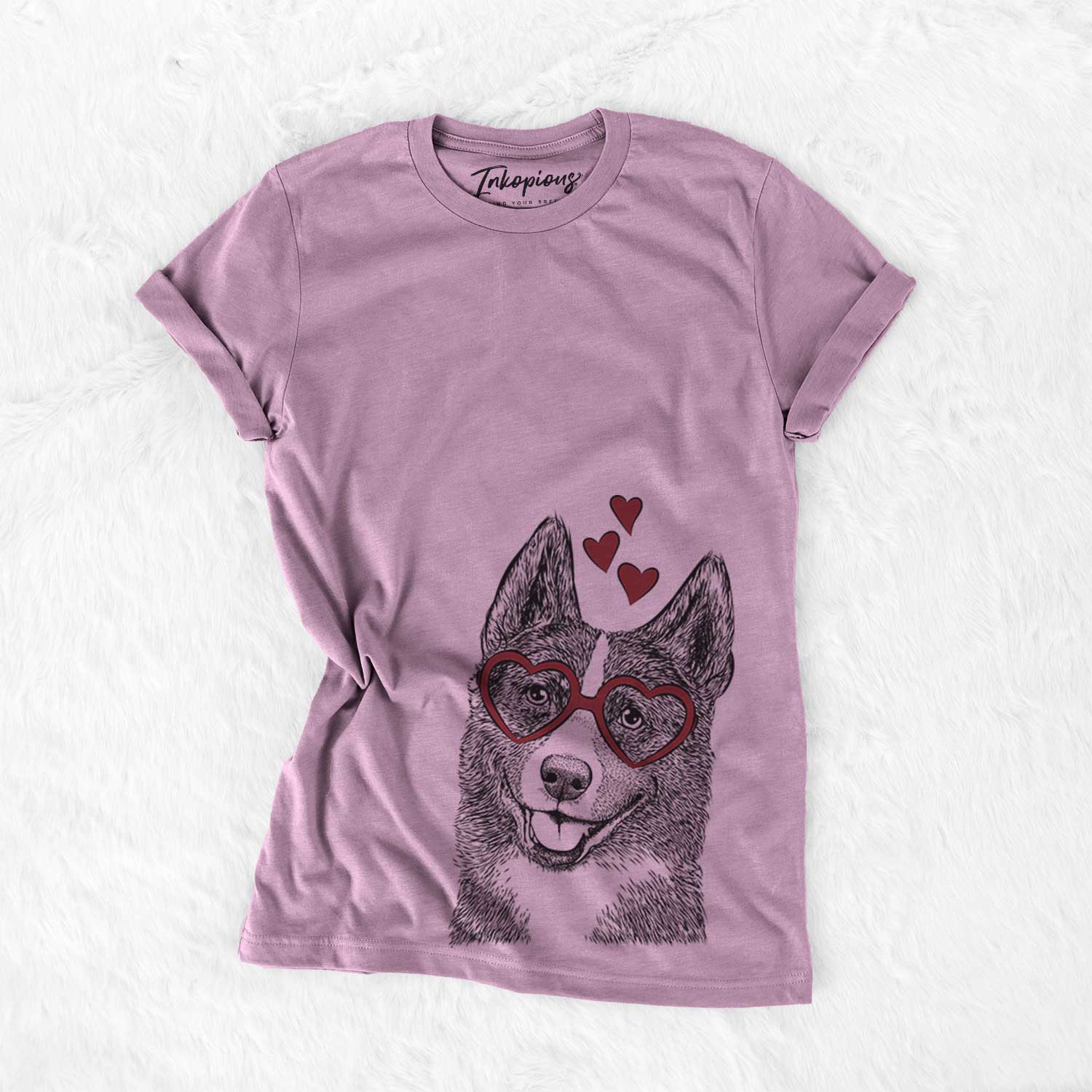 Hand-drawn sketch of Tosca the Karelian Bear Dog wearing heart-shaped glasses on an Orchid Bella Canvas Unisex Crewneck