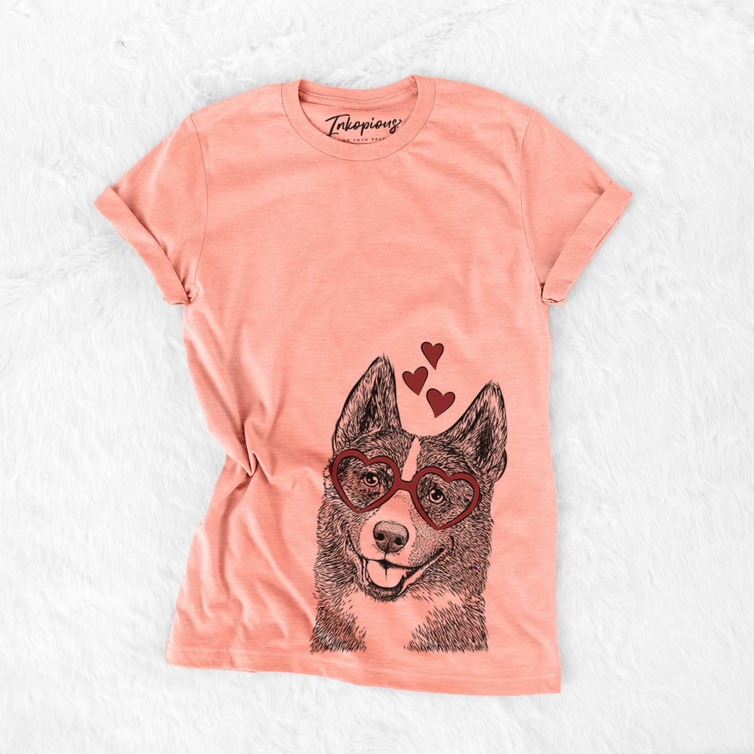 Hand-drawn sketch of Tosca the Karelian Bear Dog wearing heart-shaped glasses on a Sunset Bella Canvas Unisex Crewneck