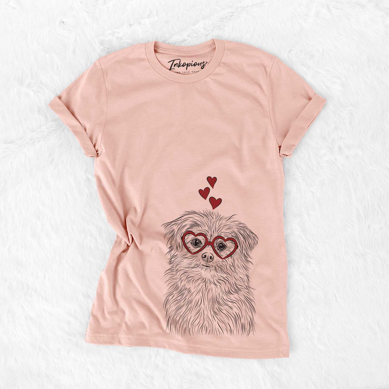 Hand-drawn sketch of Trixie the Terrier Mix wearing heart-shaped glasses on a Peach Bella Canvas Unisex Crewneck