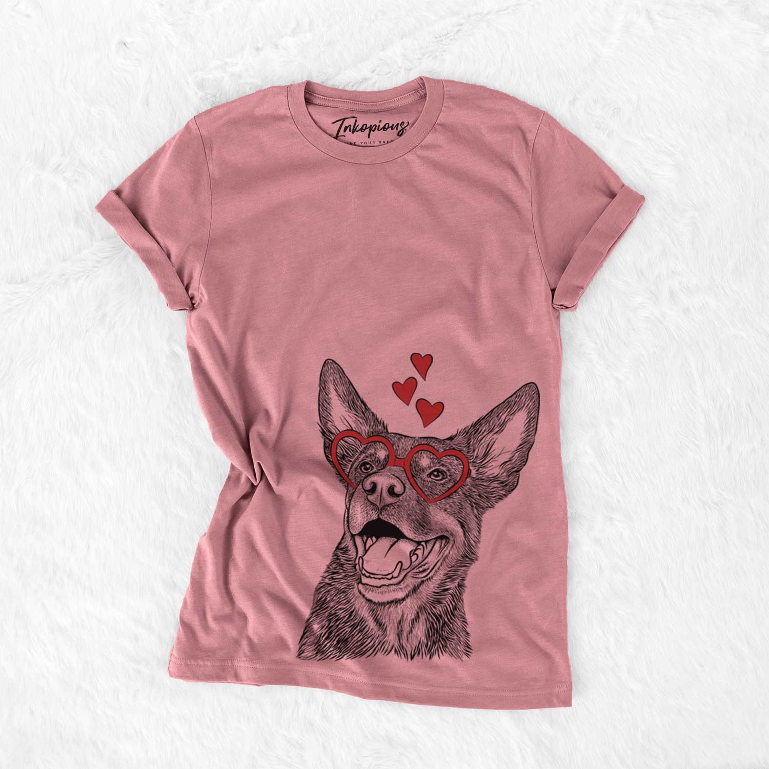 Hand-drawn sketch of Tucker the Australian Kelpie wearing heart-shaped glasses on a Mauve Bella Canvas Unisex Crewneck