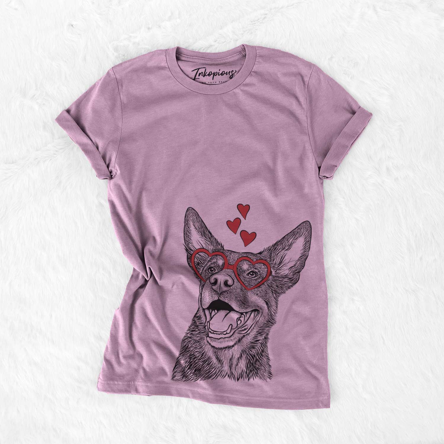 Hand-drawn sketch of Tucker the Australian Kelpie wearing heart-shaped glasses on an Orchid Bella Canvas Unisex Crewneck